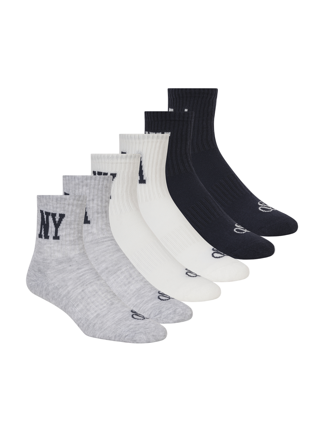 Set of six pairs of socks in black, white, and gray on a white background