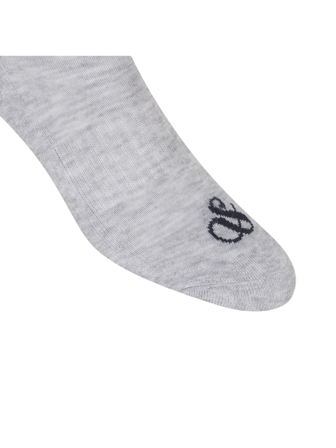 Gray sock with a black logo on a white background