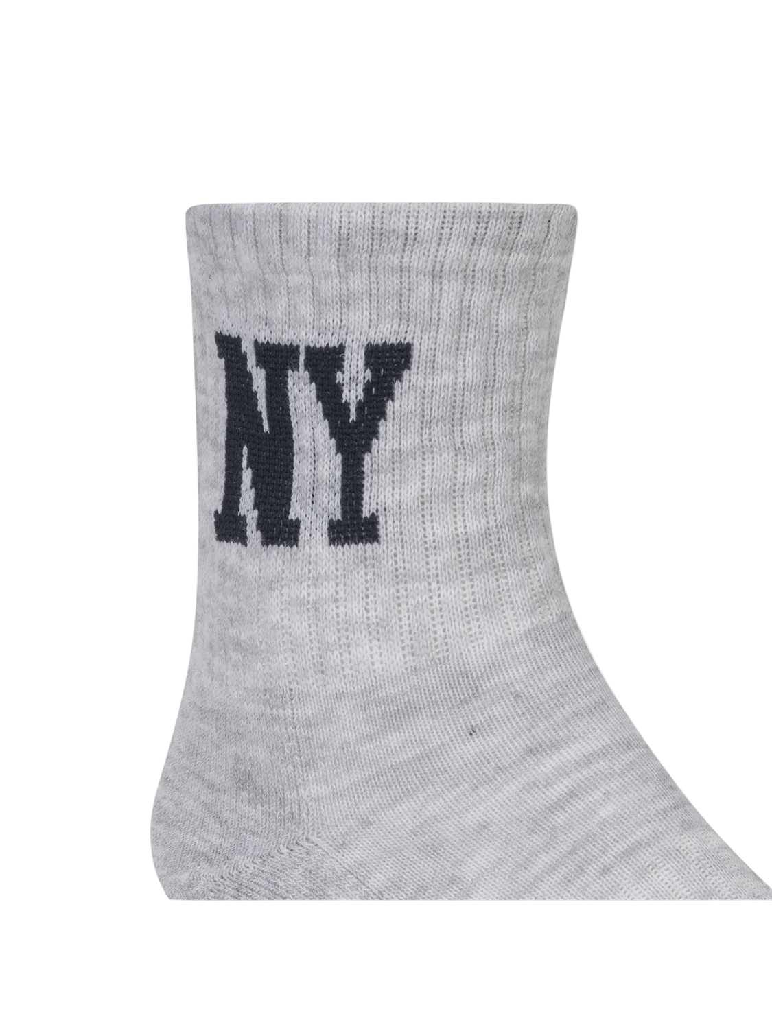 Gray sock with 'NY' text on a white background