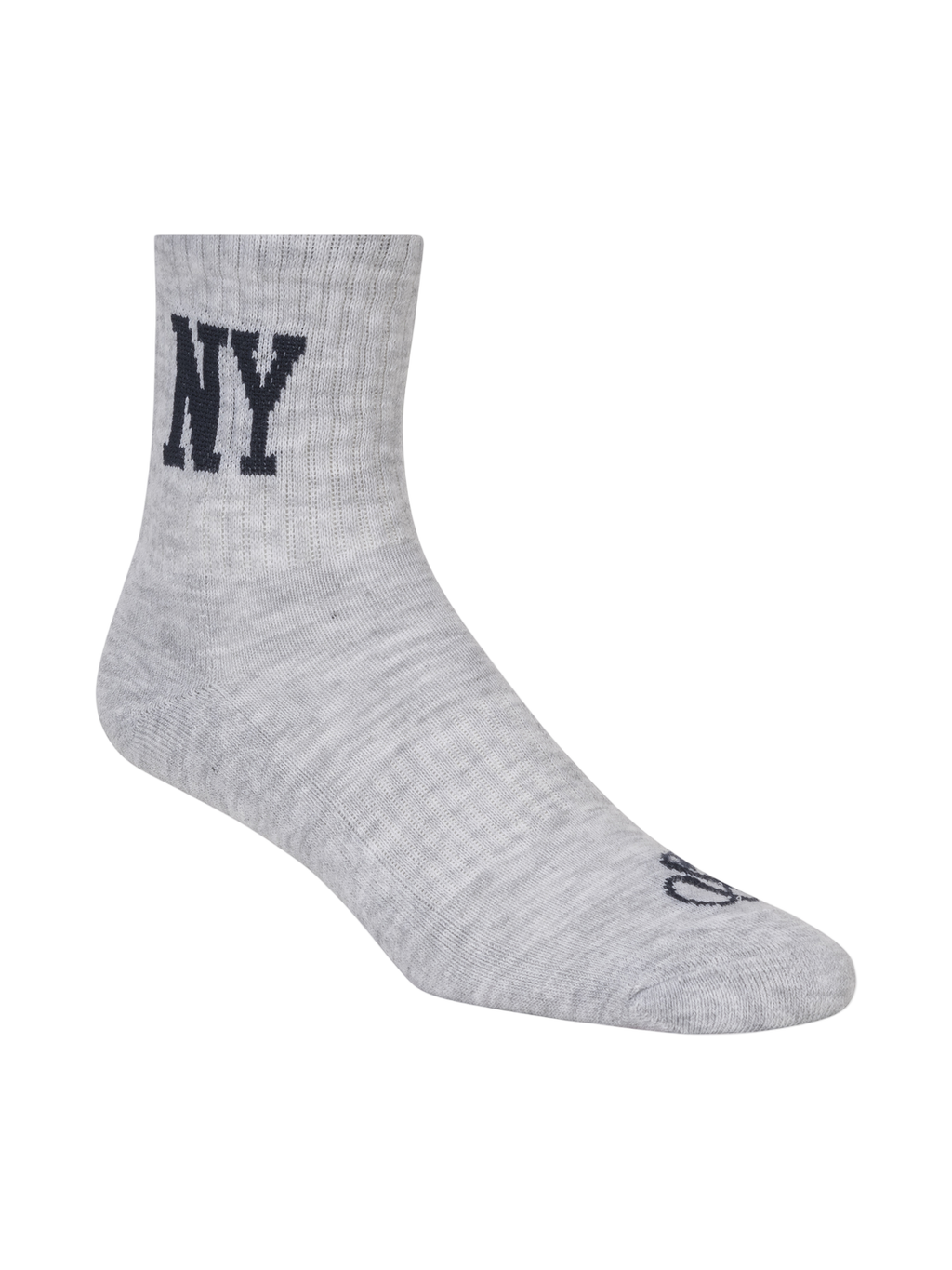 Gray sock with 'NY' on a white background