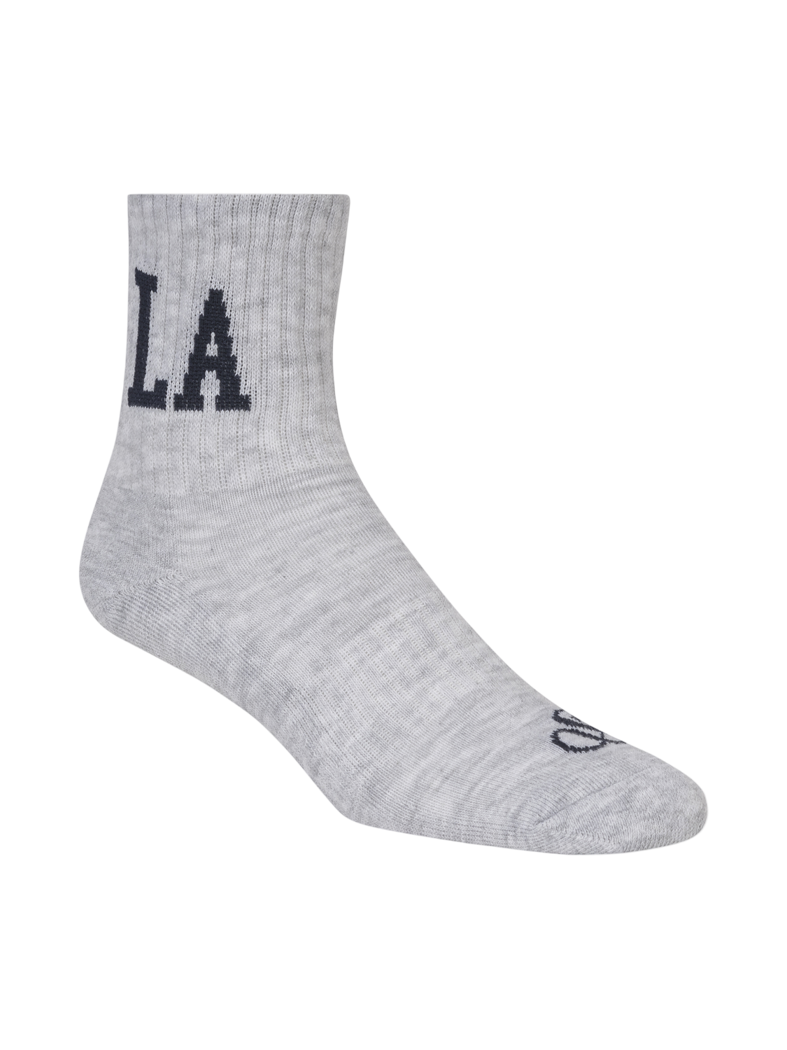 Gray sock with 'LA' text on a white background