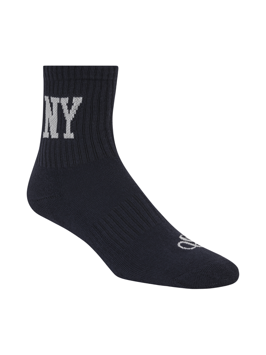 Black sock with 'NY' text on a white background