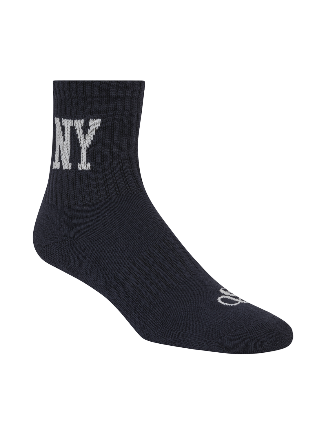 Black sock with 'NY' text on a white background