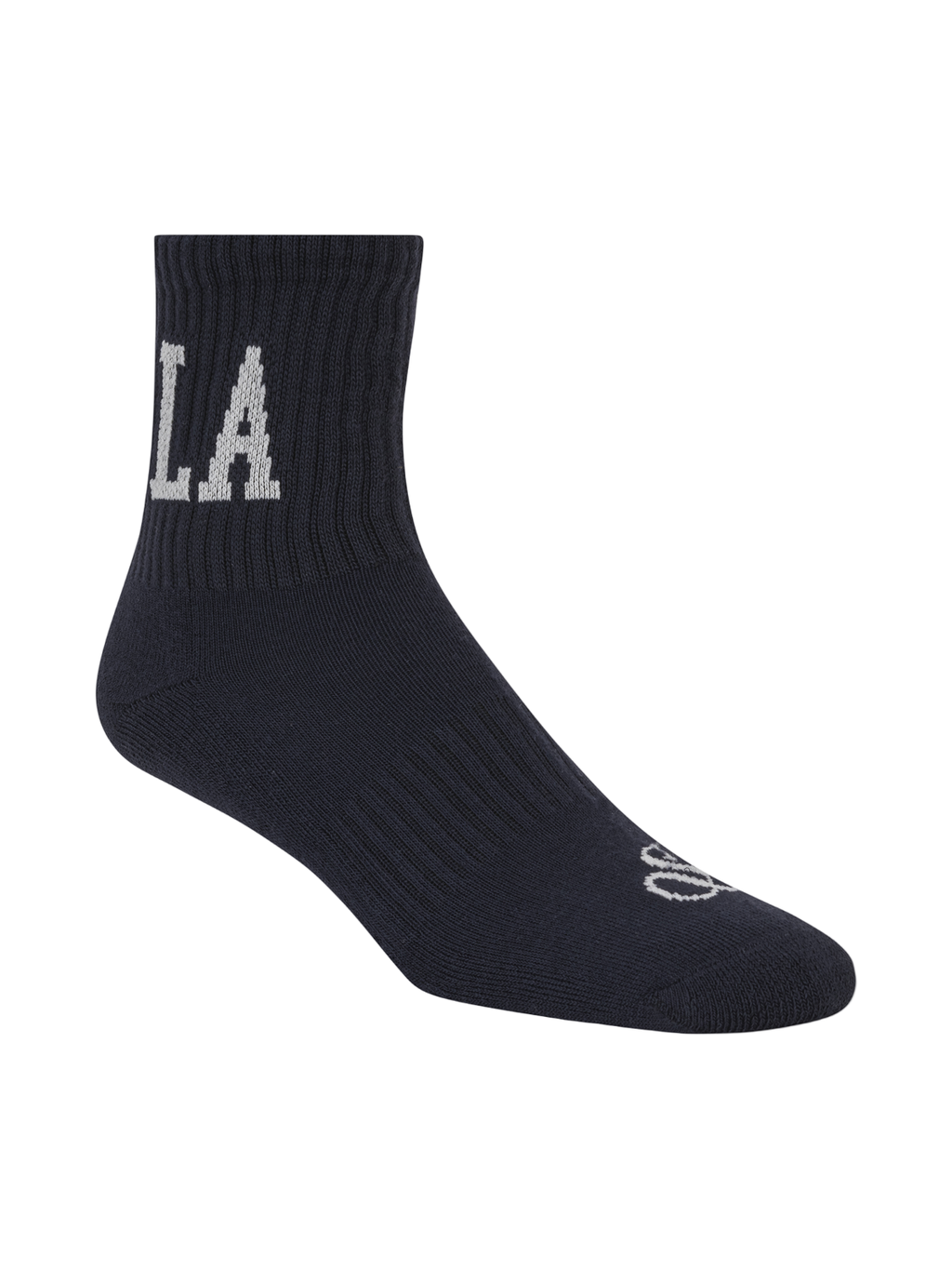 Black sock with 'LA' text on a white background