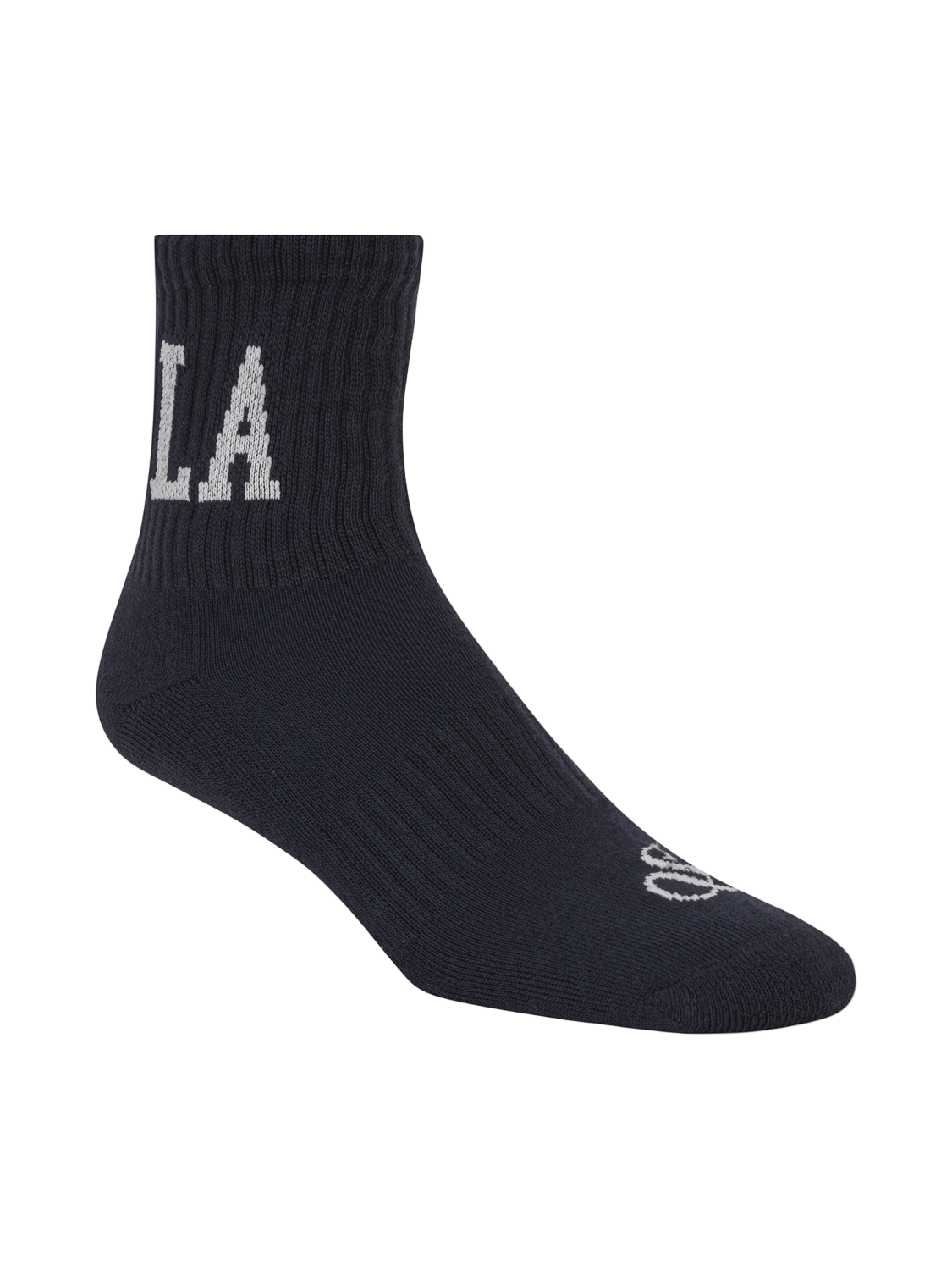 Black sock with 'LA' text on a white background