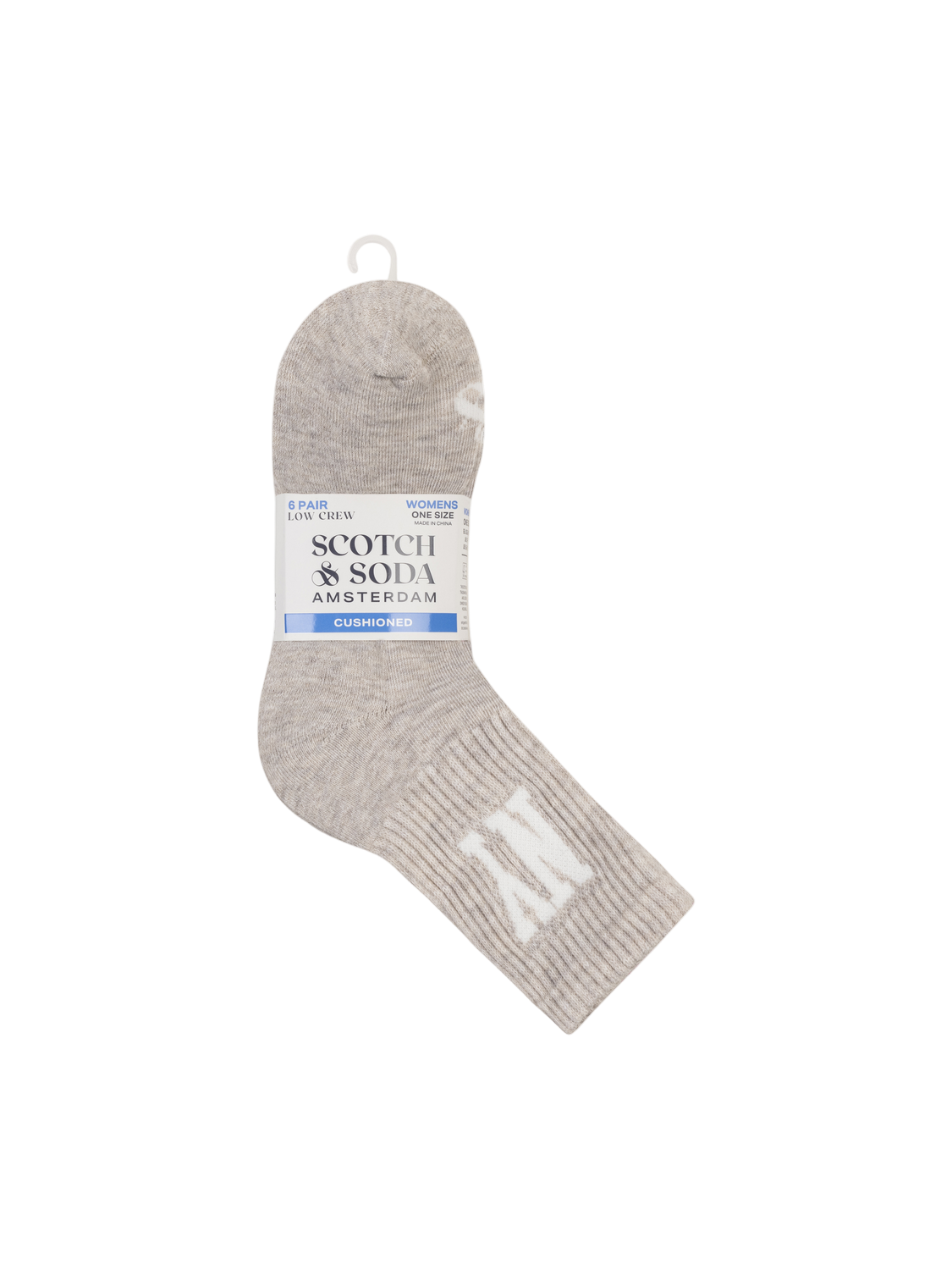 Gray sock with a visible brand label on a white background