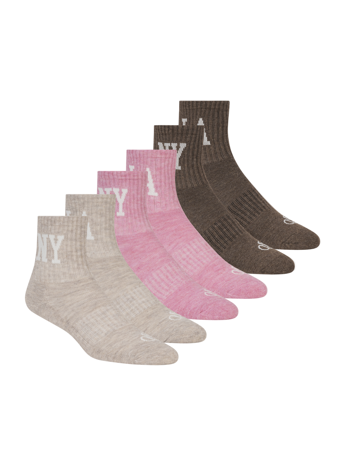 Set of six socks in gray, pink, and brown with 'NY' branding on a white background