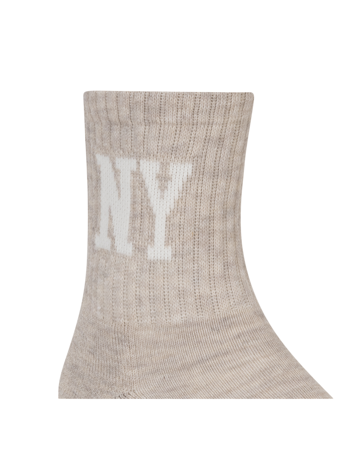 Beige sock with 'NY' printed on a white background