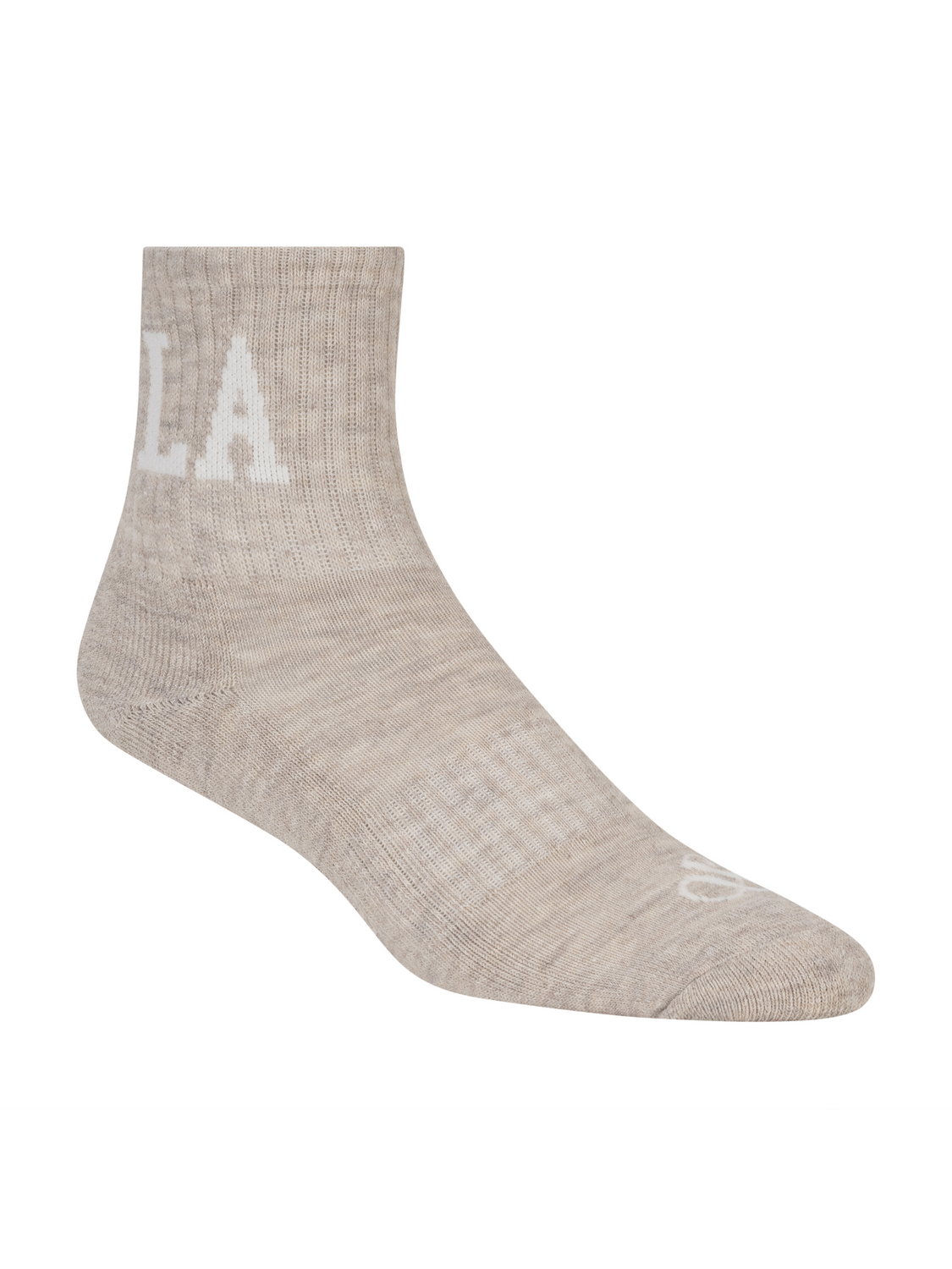 Beige sock with white text on a white background