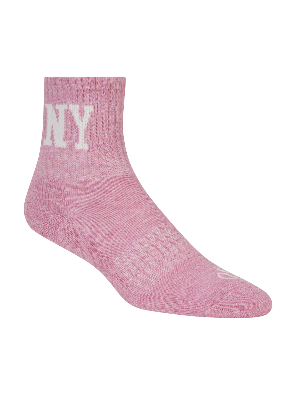 Pink sock with 'NY' text on a white background