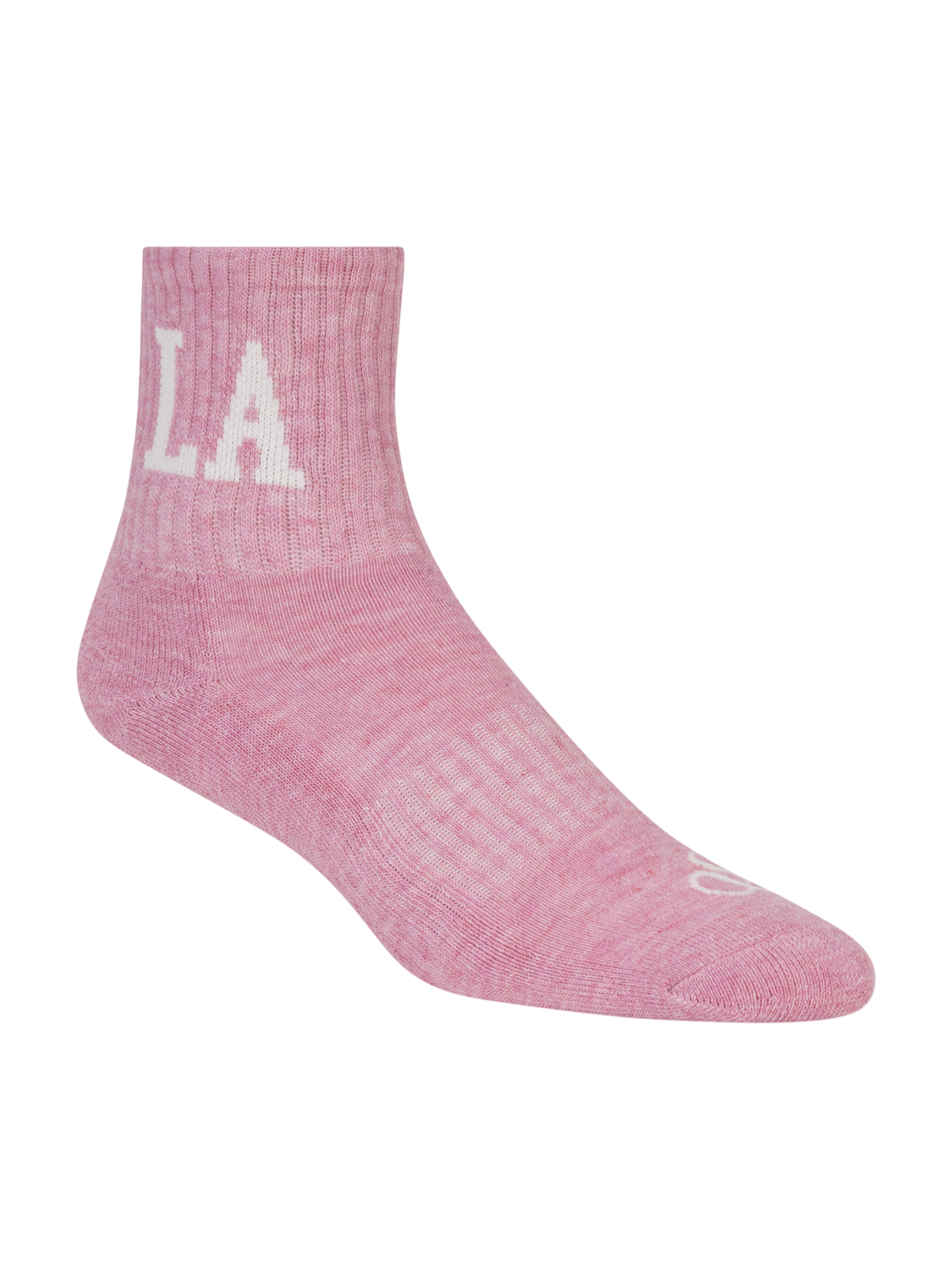 Pink sock with 'LA' text on a white background
