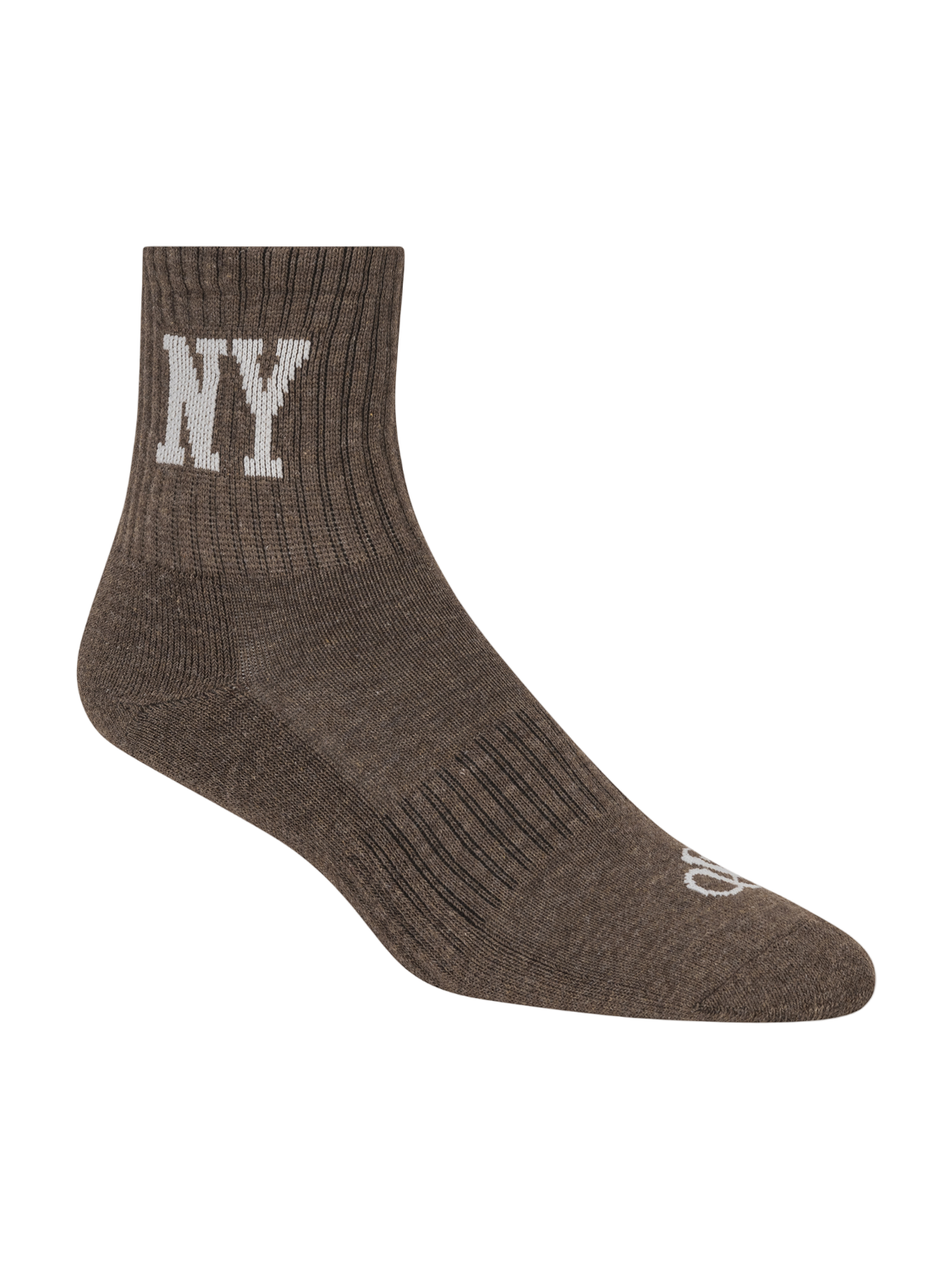 Brown sock with 'NY' logo on a white background
