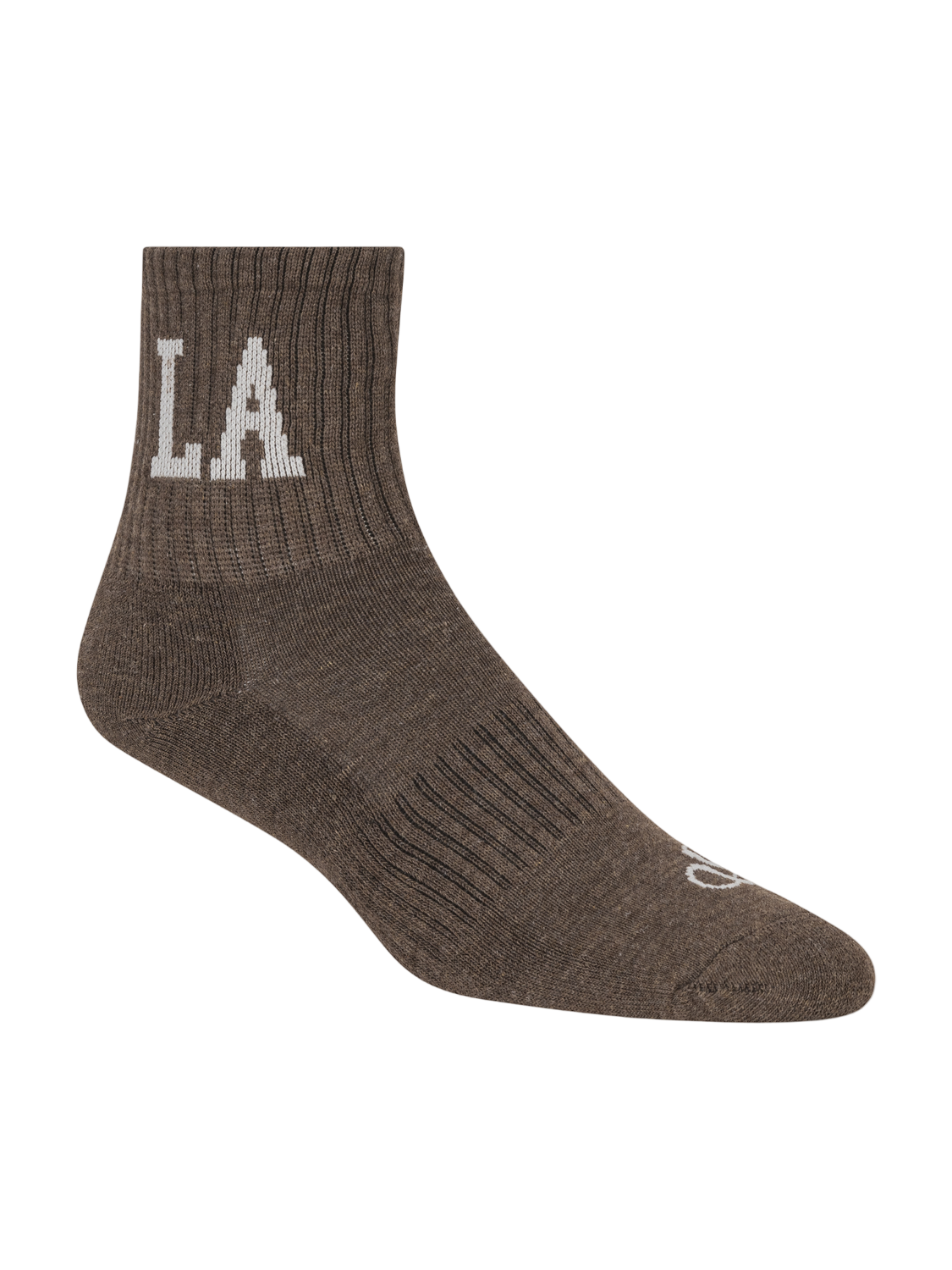 Brown sock with 'LA' logo on a white background
