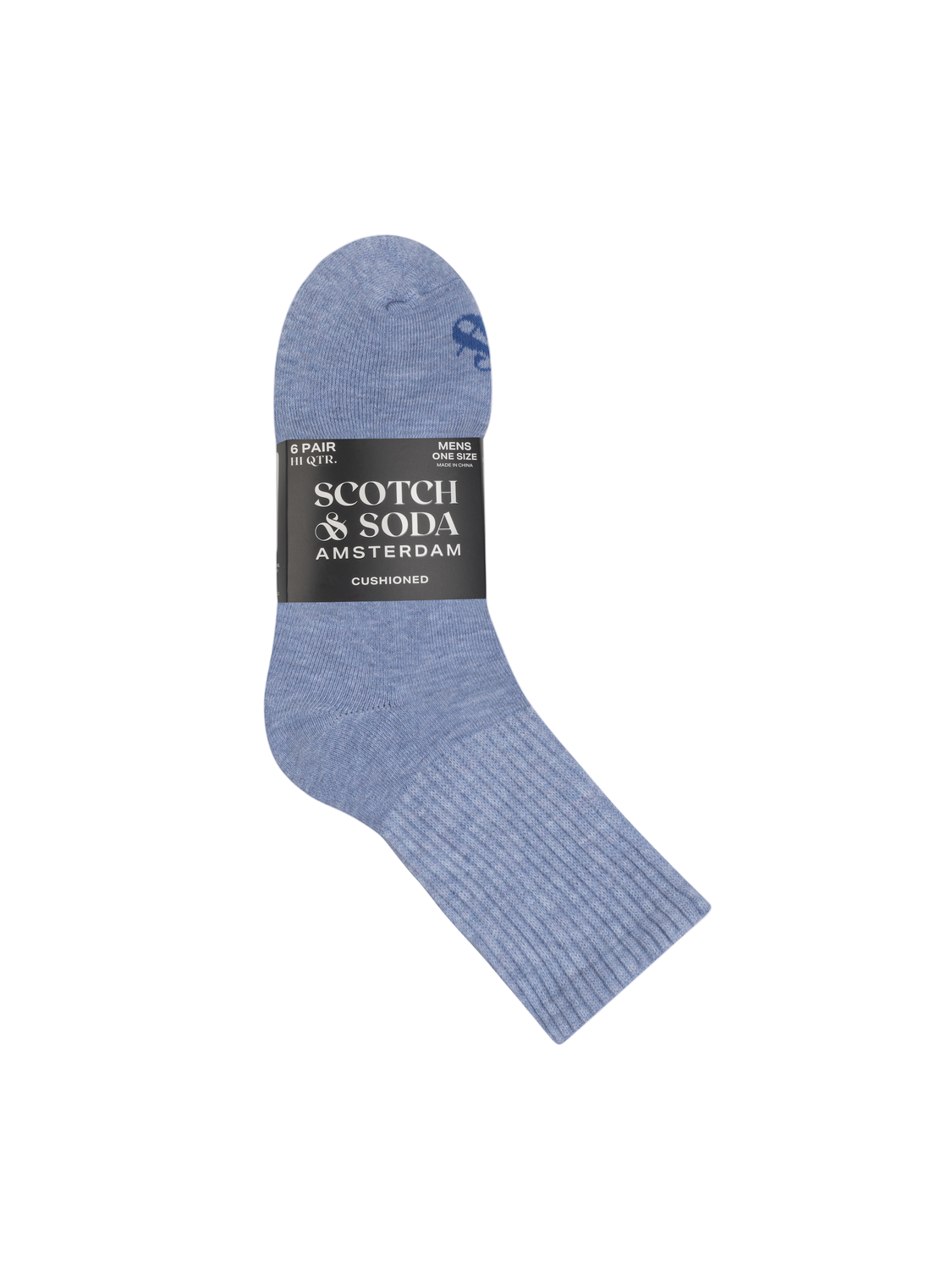 Blue sock with Scotch & Soda packaging on a white background