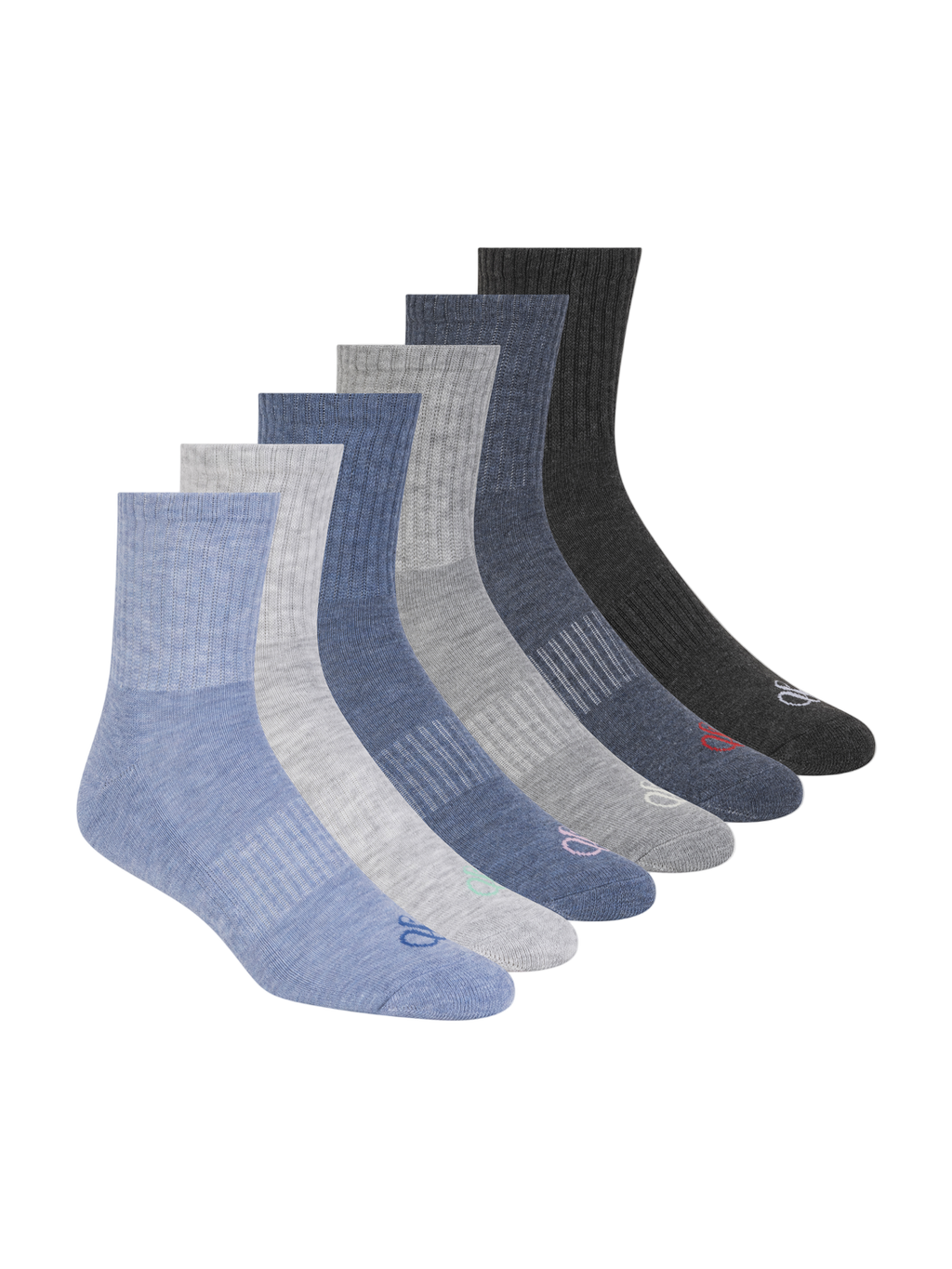 Set of six pairs of socks in various colors on a white background