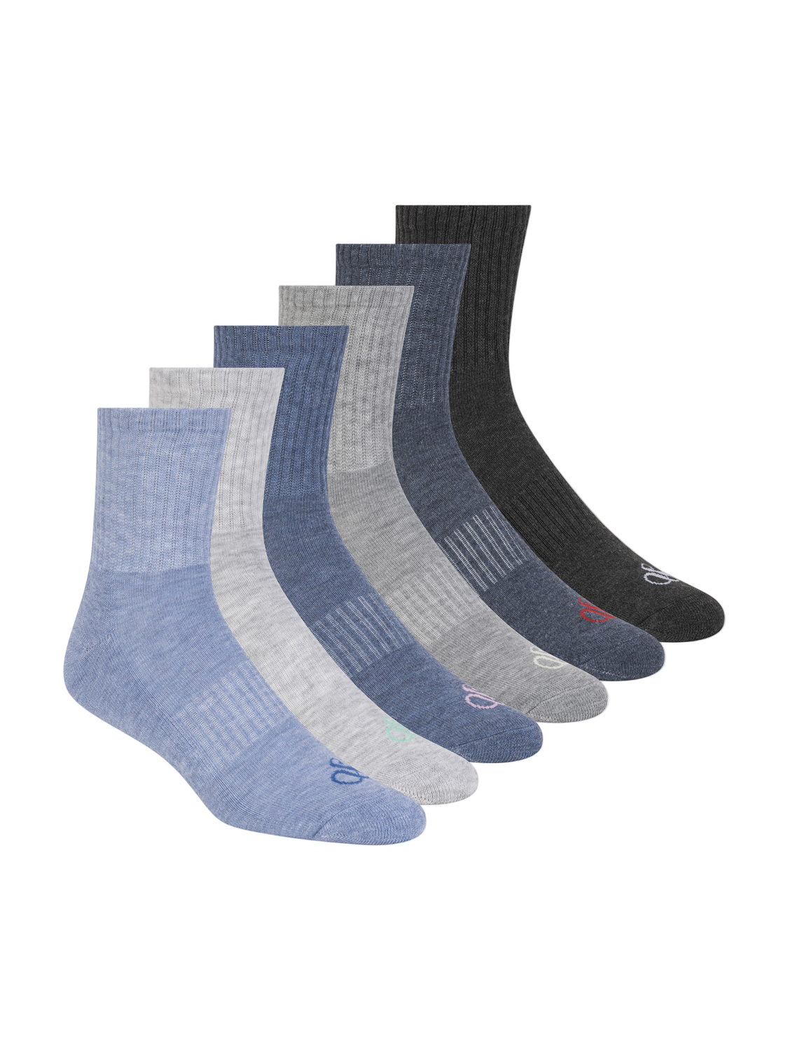 Set of six pairs of socks in various colors on a white background