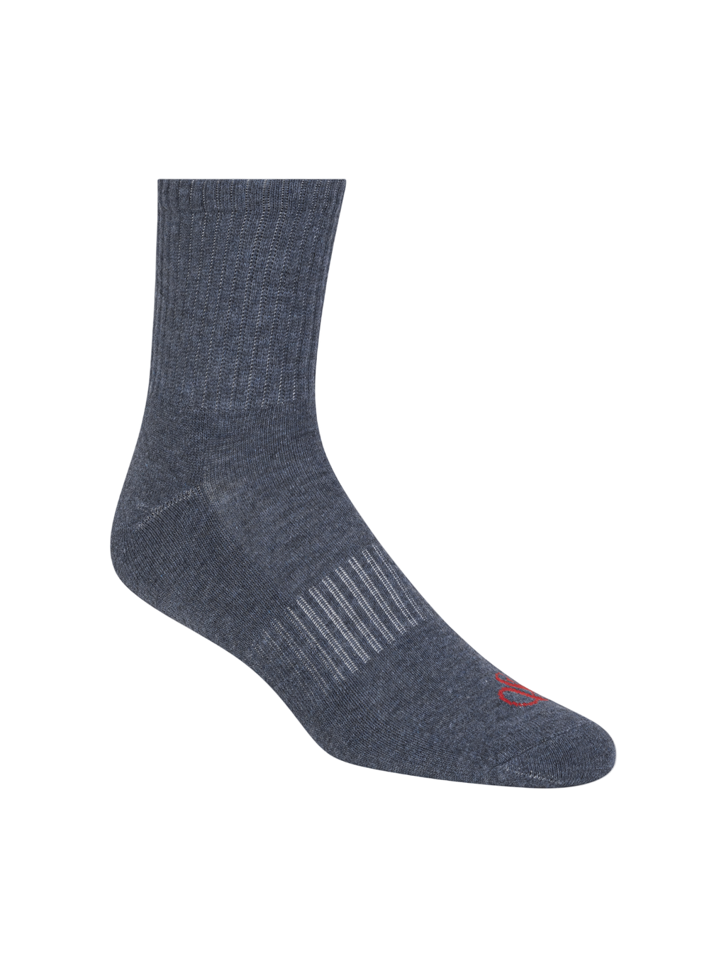 Gray sock with a small red logo on a white background