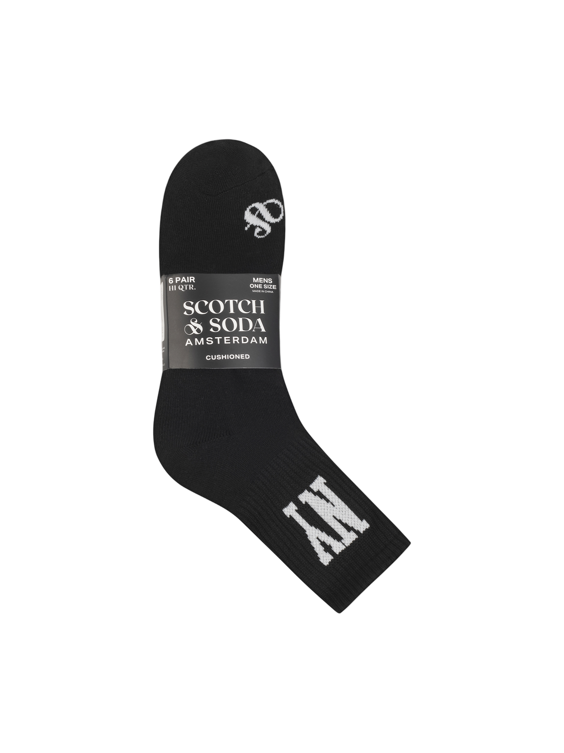 Black sock with 'Scotch & Soda' branding on a white background