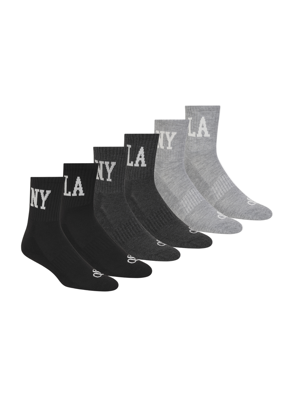 Set of black and gray socks with 'NY' and 'LA' text on a white background