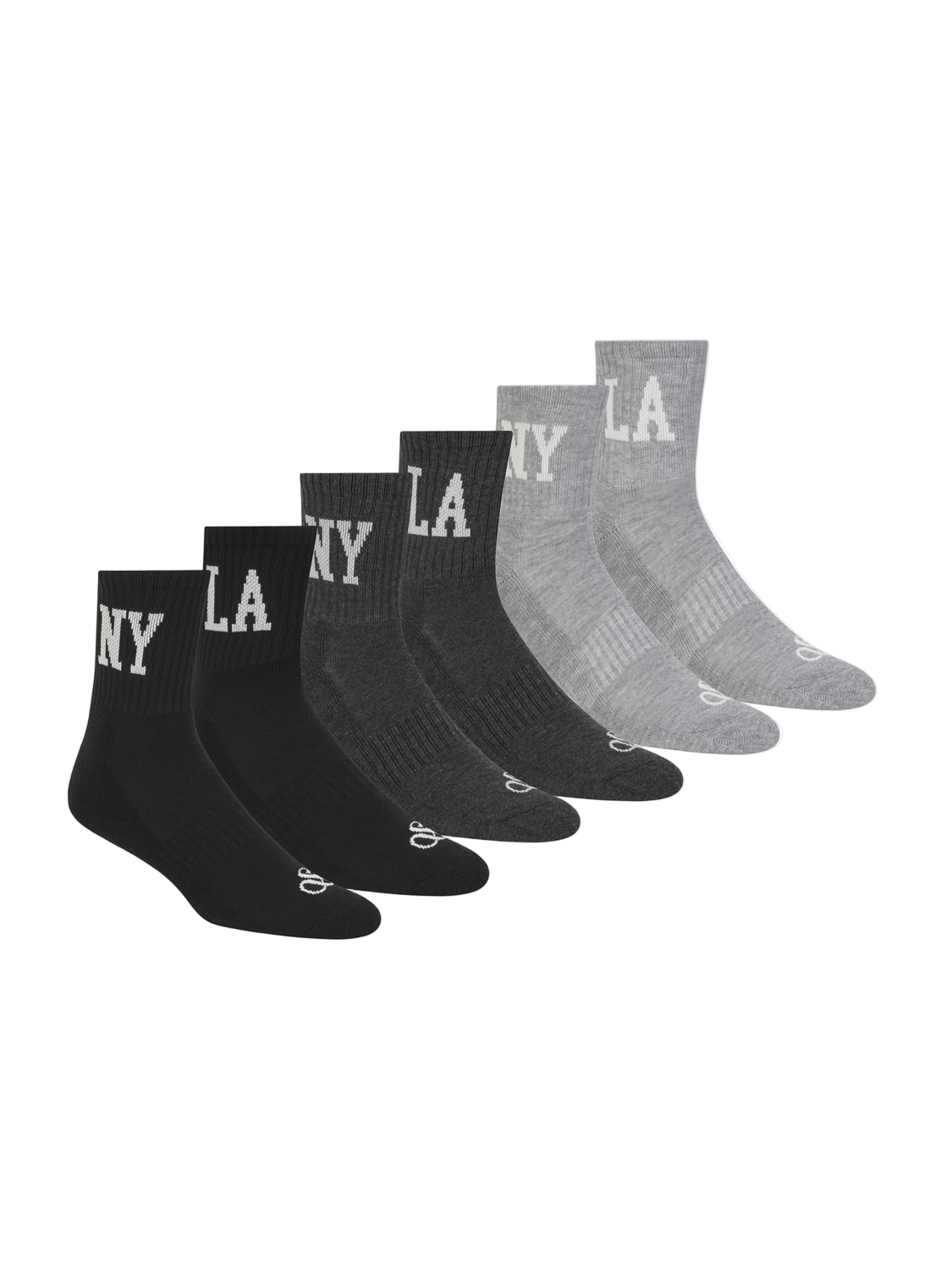 Set of black and gray socks with 'NY' and 'LA' text on a white background
