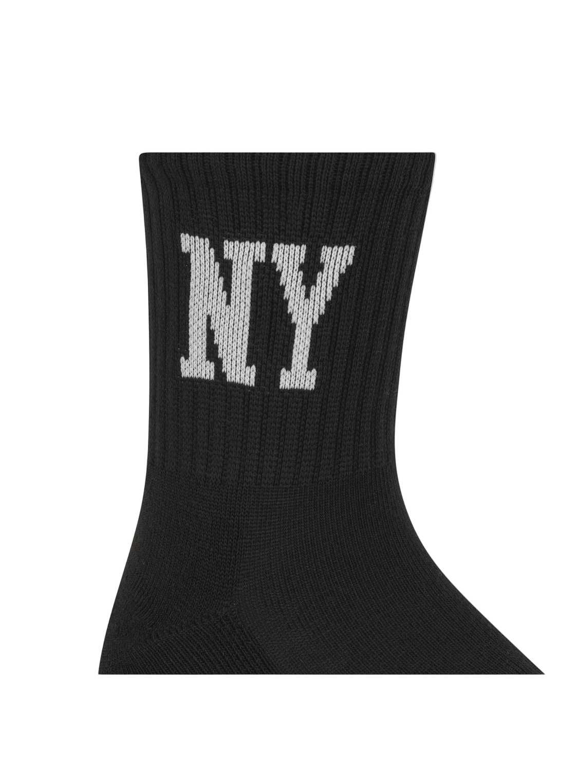 Black sock with 'NY' text on a white background