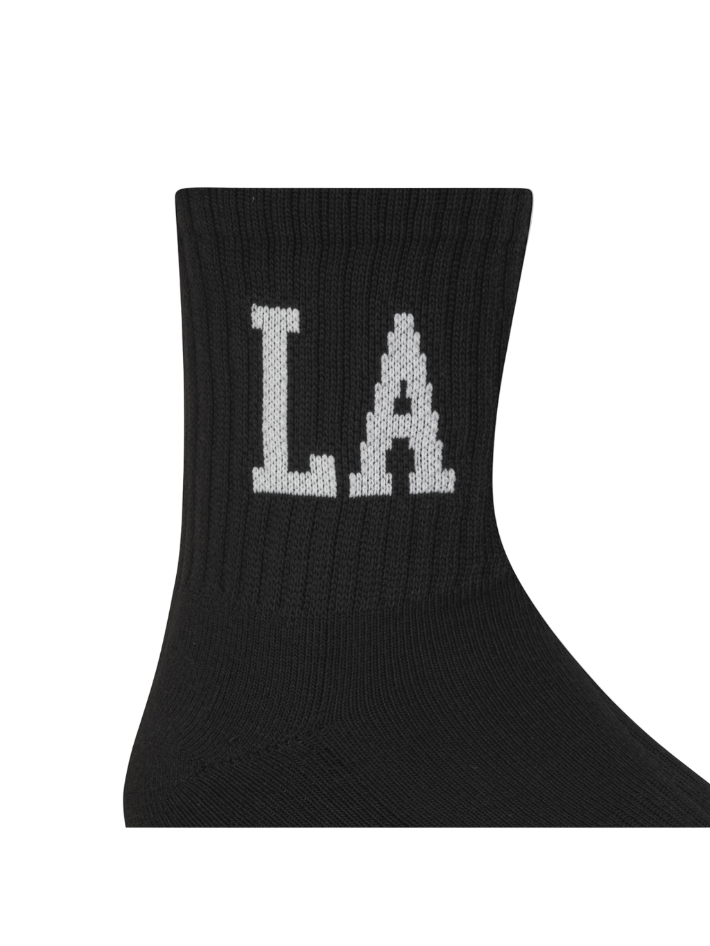 Black sock with 'LA' letters on a white background