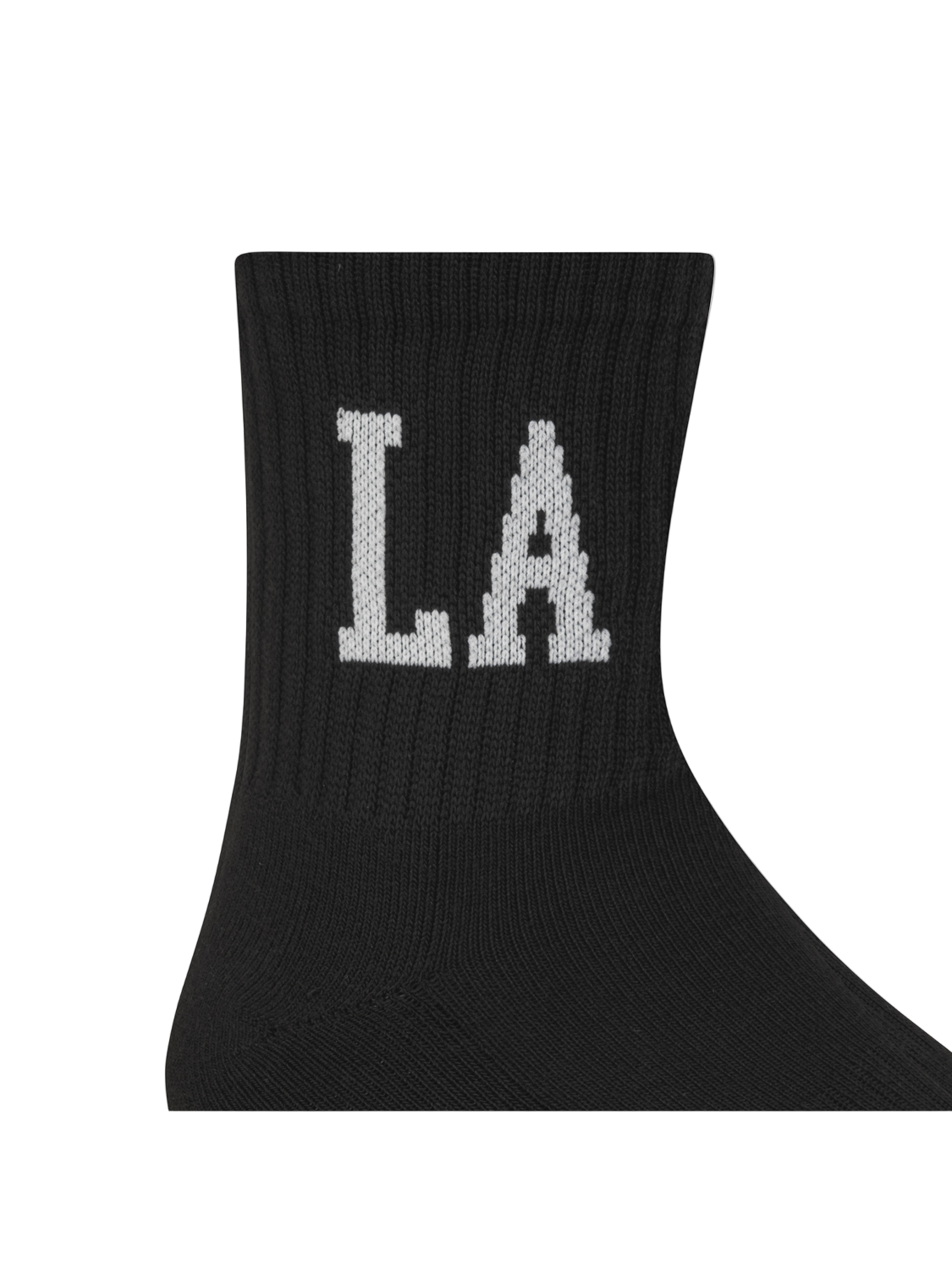Black sock with 'LA' letters on a white background
