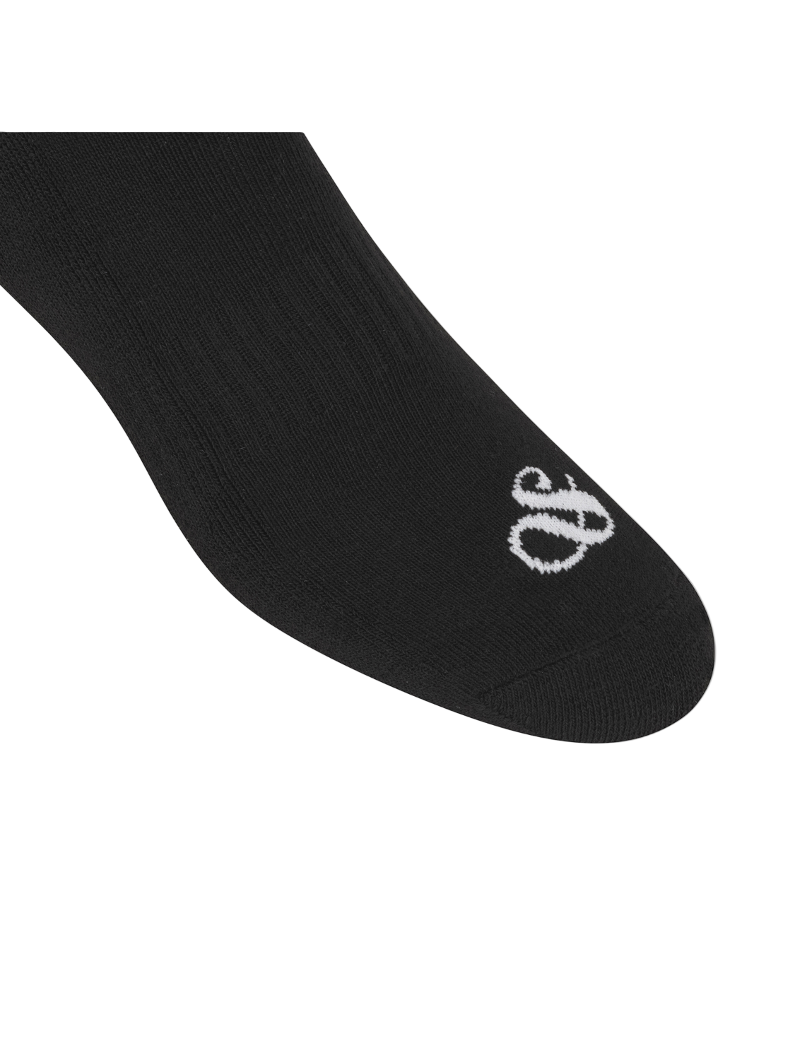 Black sock with a white logo on a white background