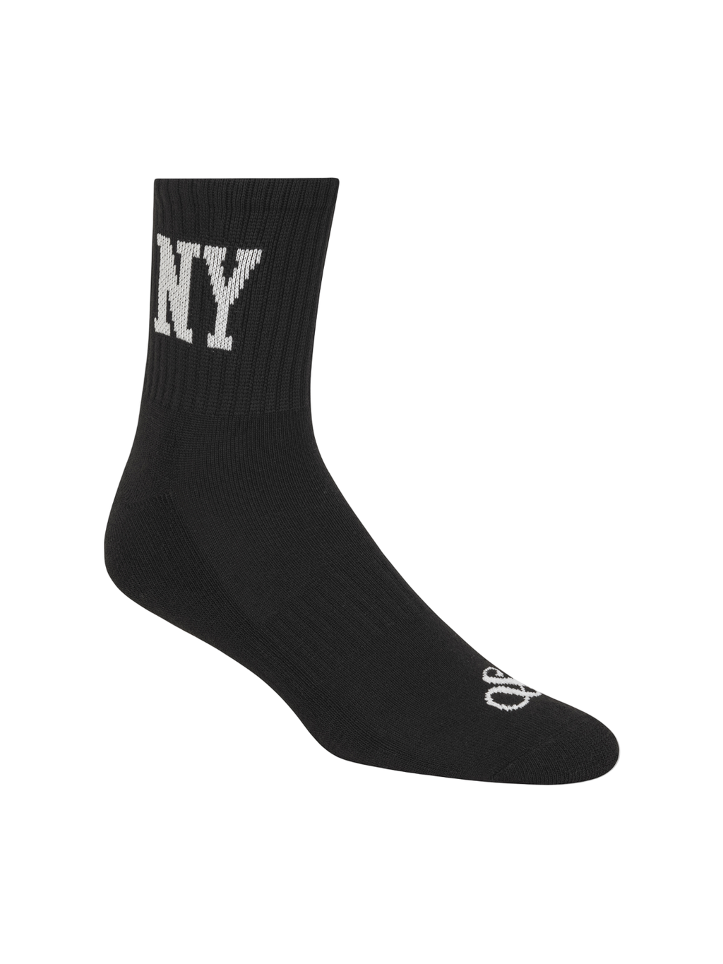 Black sock with 'NY' and Adidas logo on a white background