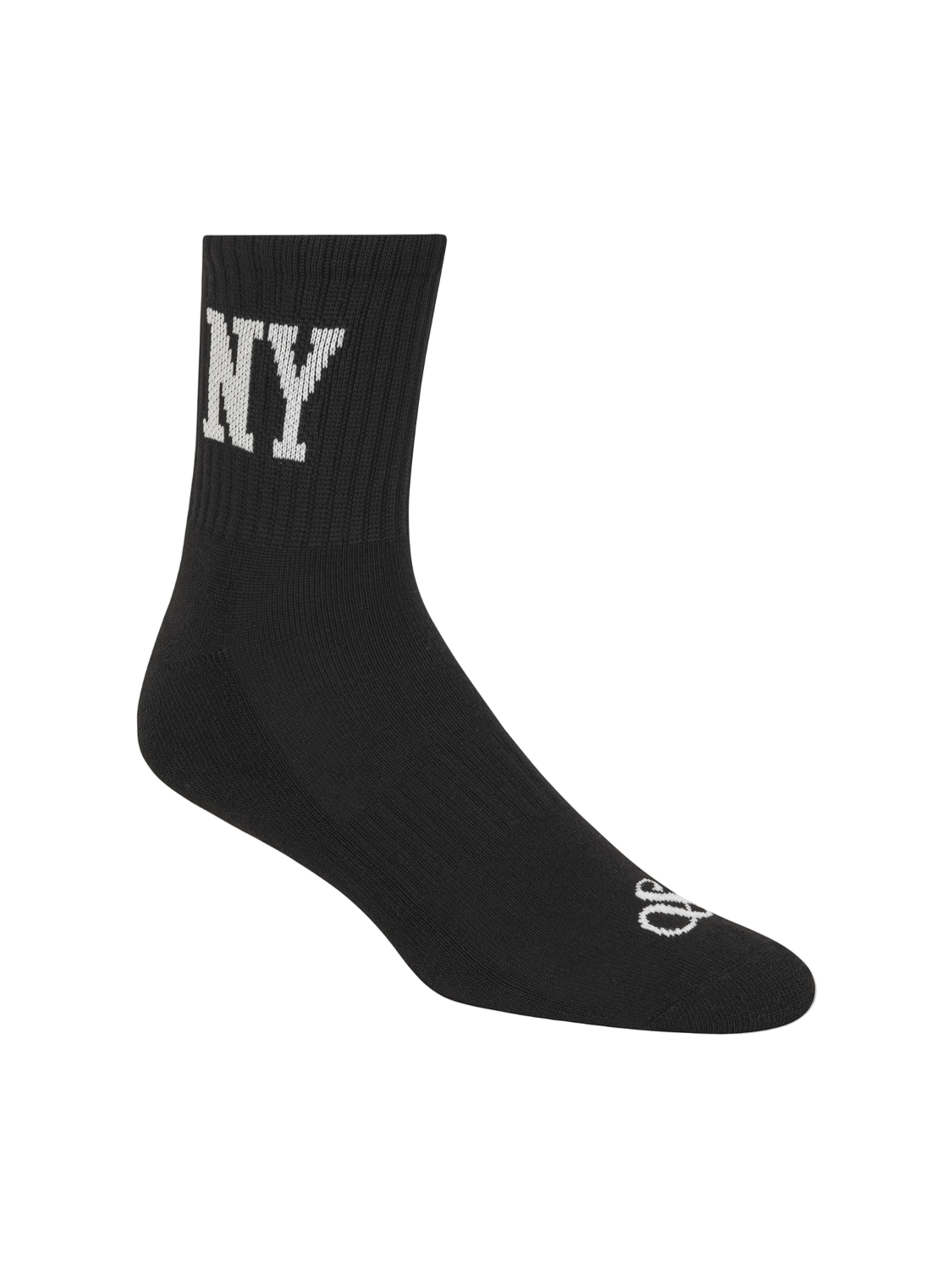 Black sock with 'NY' and Adidas logo on a white background