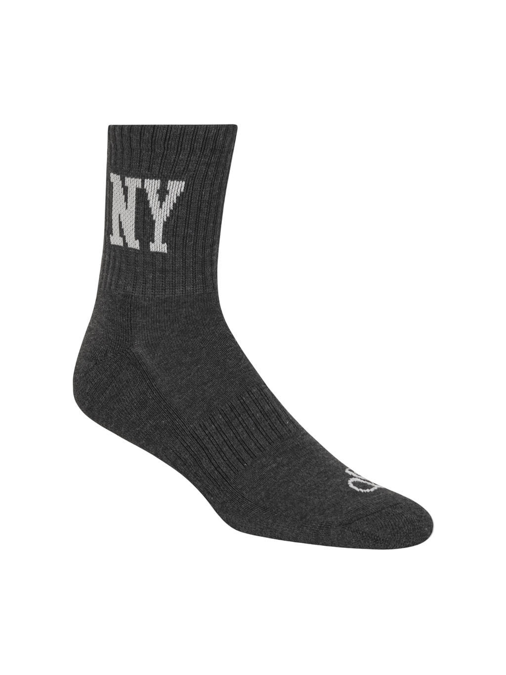 Black sock with 'NY' text on a white background