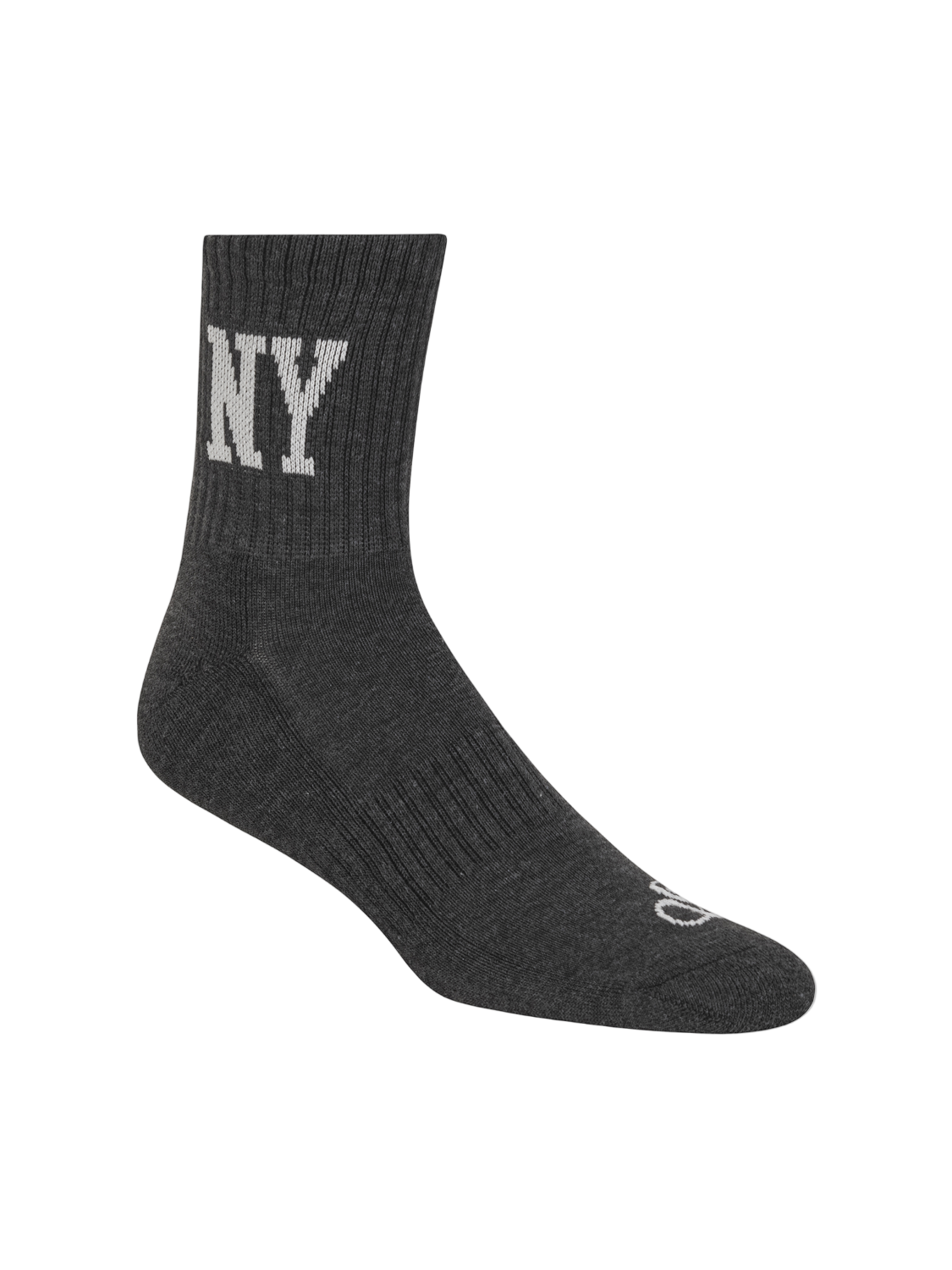 Black sock with 'NY' text on a white background