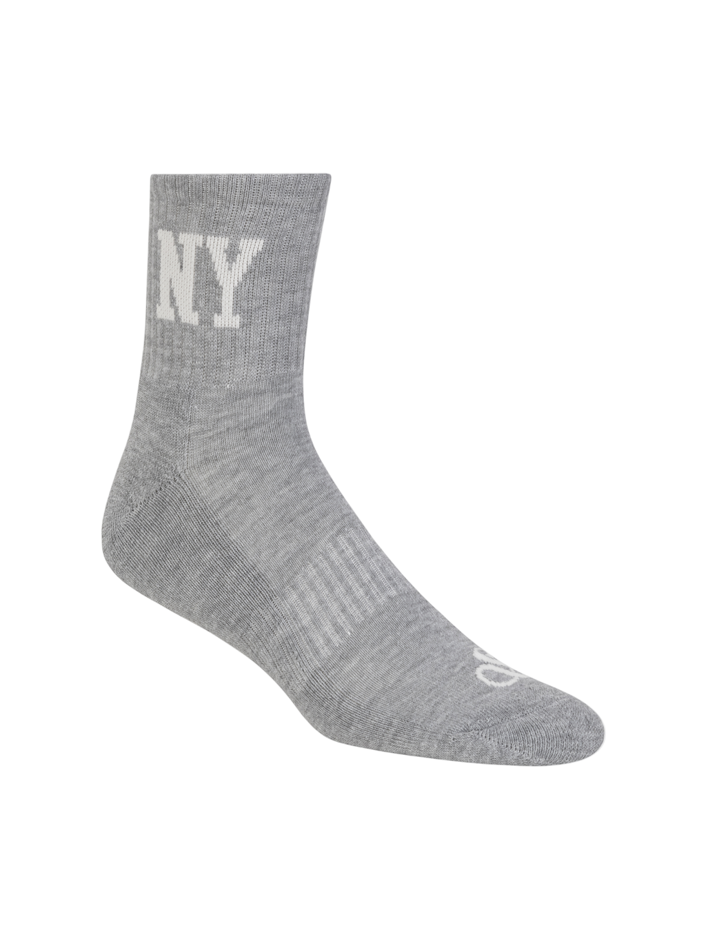 Gray sock with 'NY' on a white background