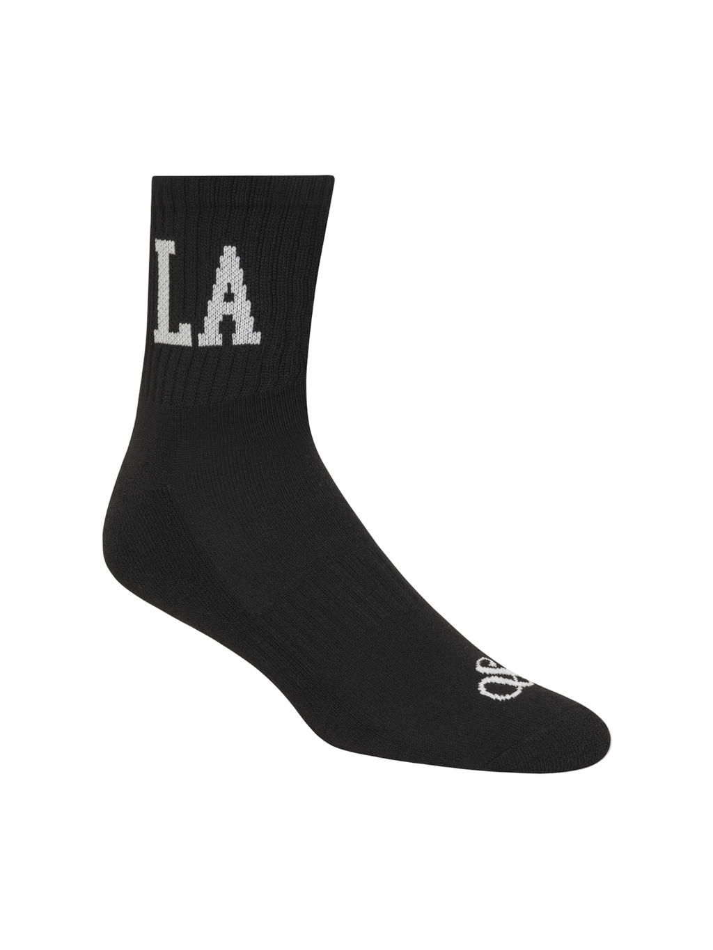 Black sock with 'LA' and Adidas logo on a white background