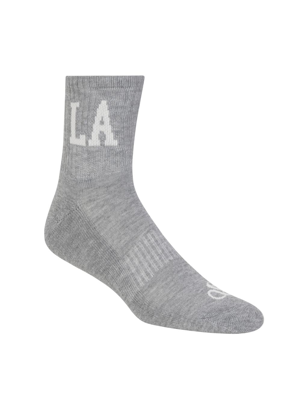 Gray sock with 'LA' text on a white background