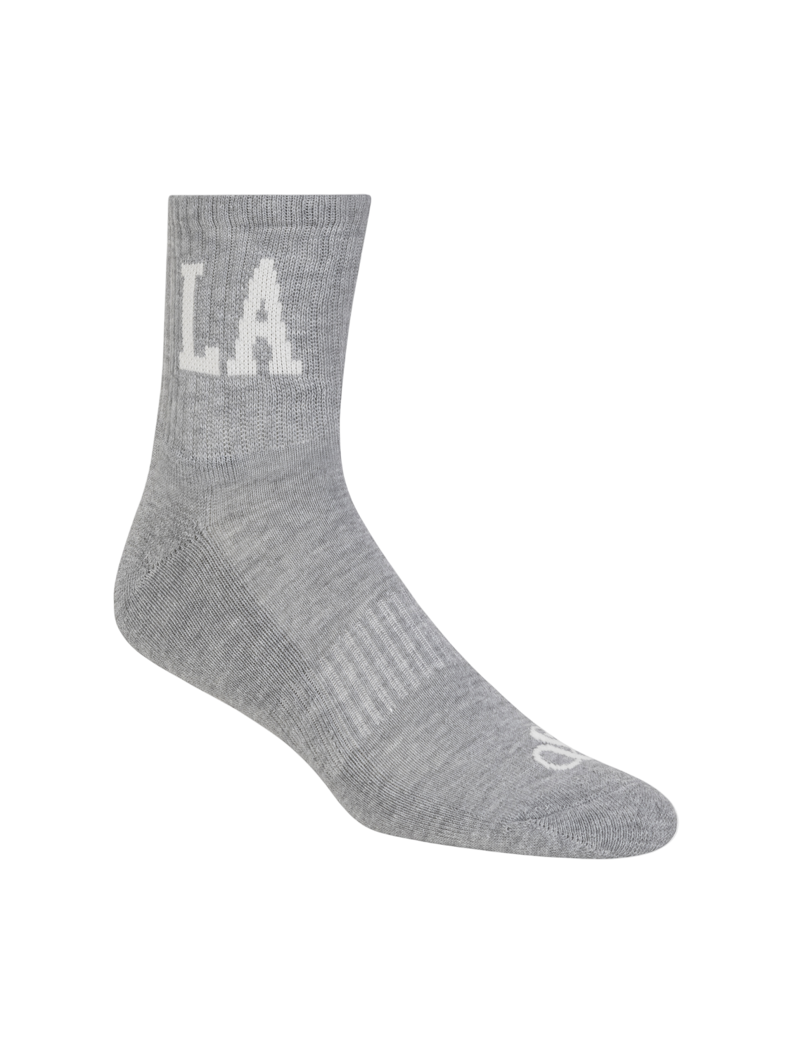 Gray sock with 'LA' text on a white background