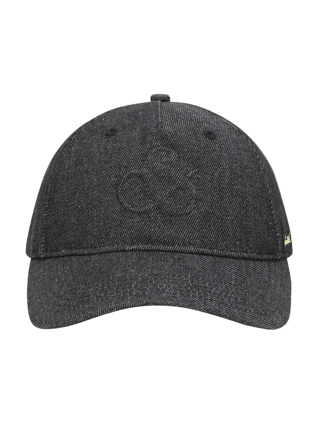 Black denim cap with a logo on a white background