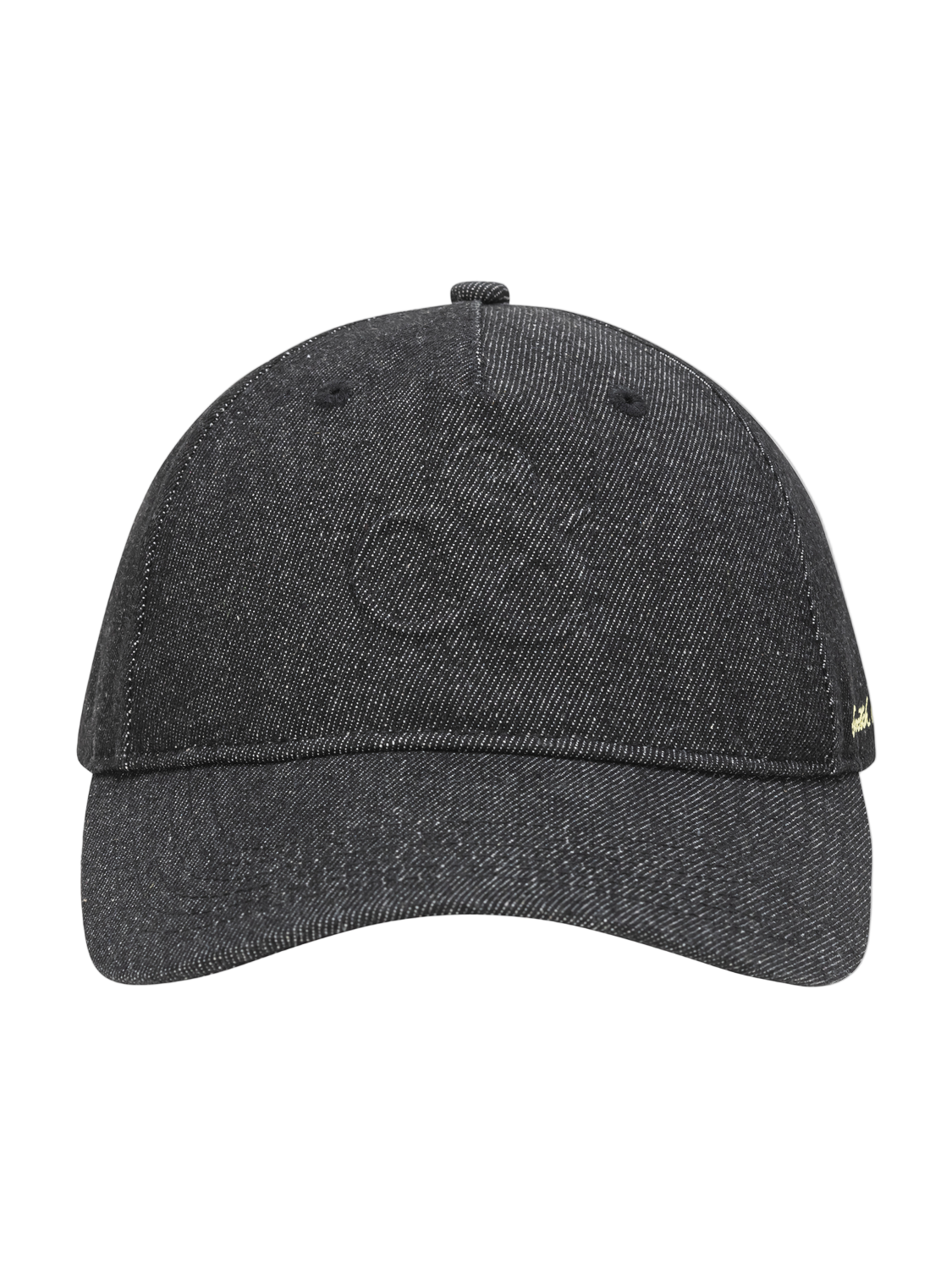 Black denim cap with a logo on a white background