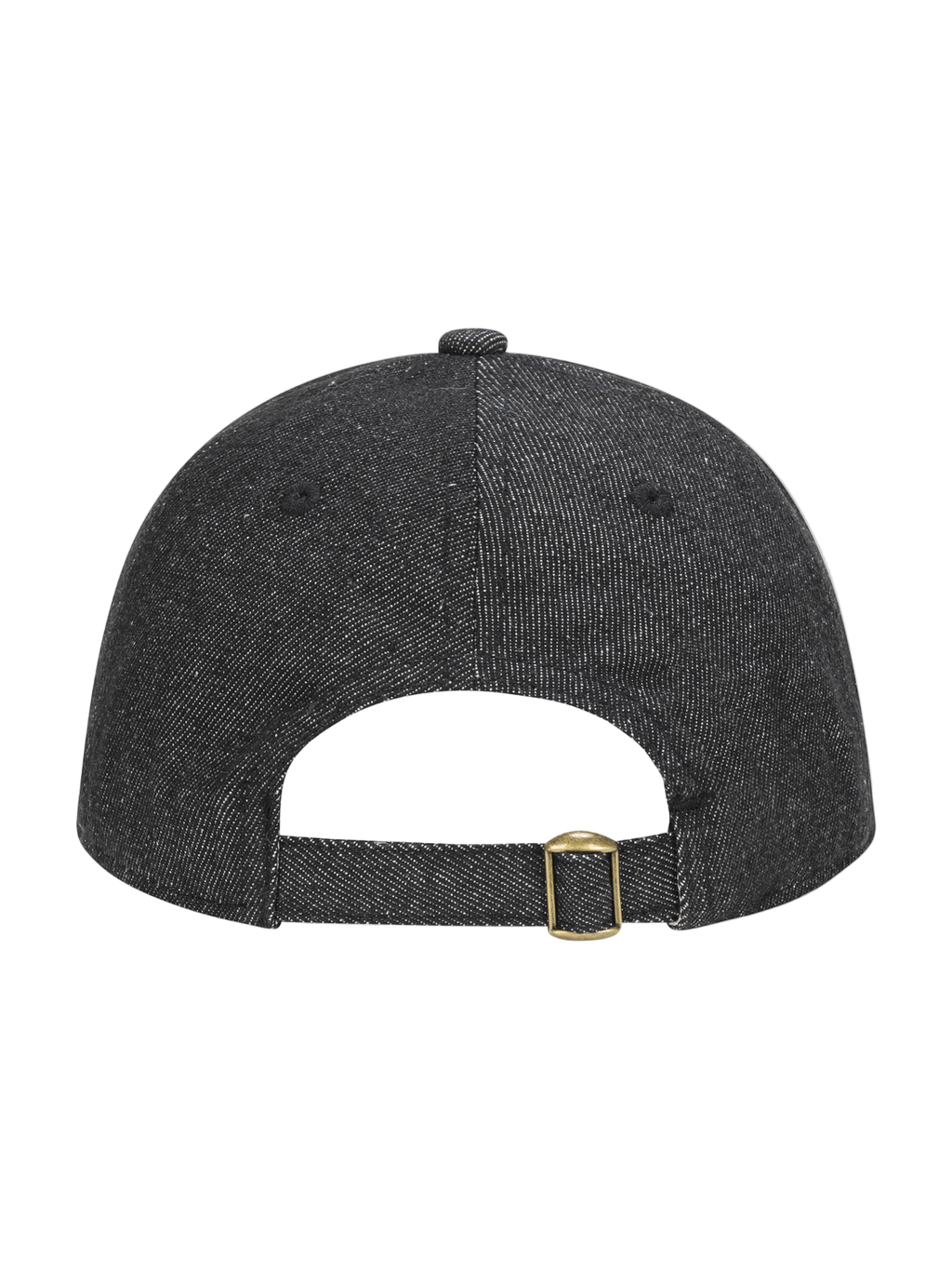 Black denim cap with a gold buckle on a white background