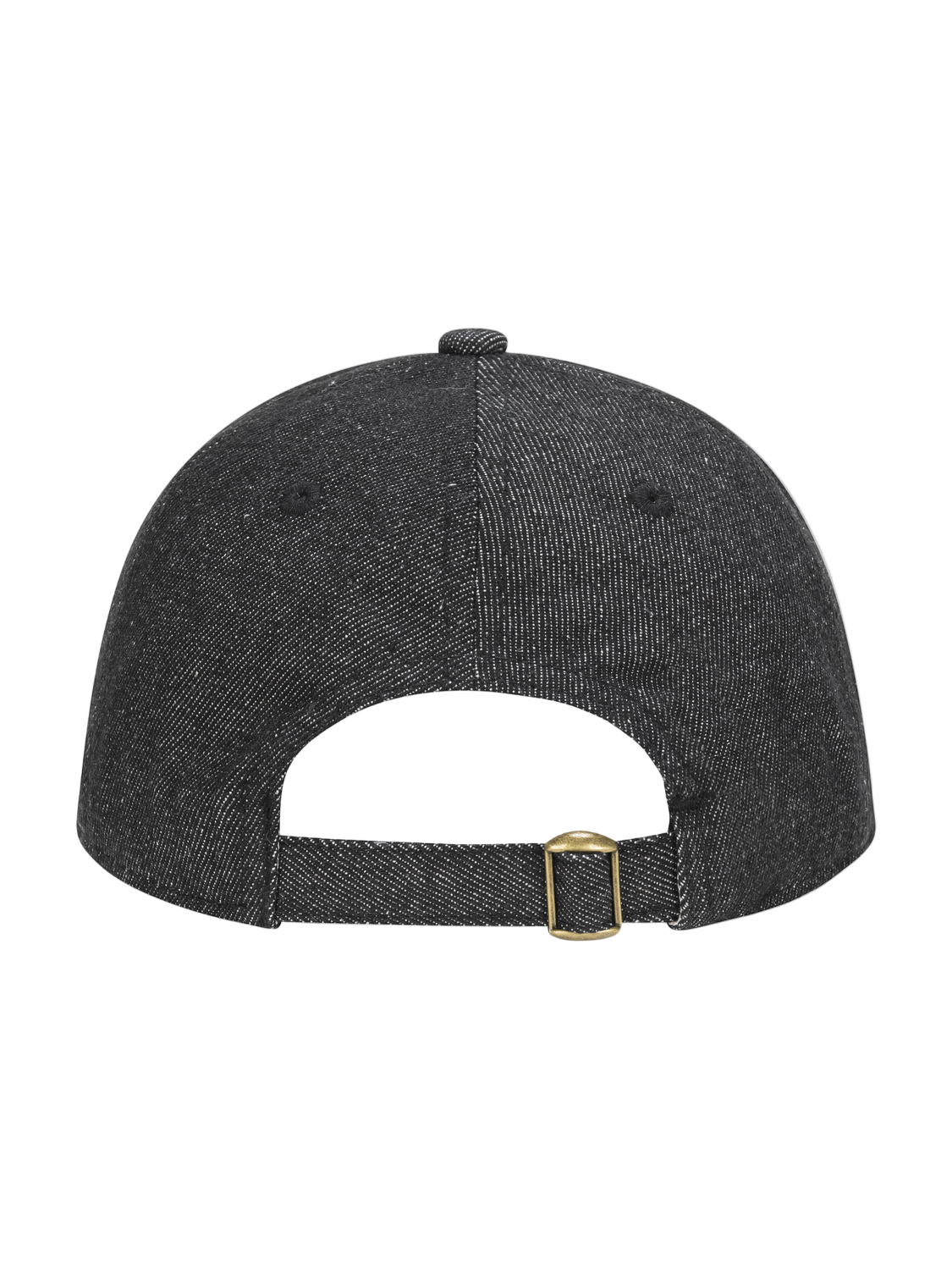 Black denim cap with a gold buckle on a white background