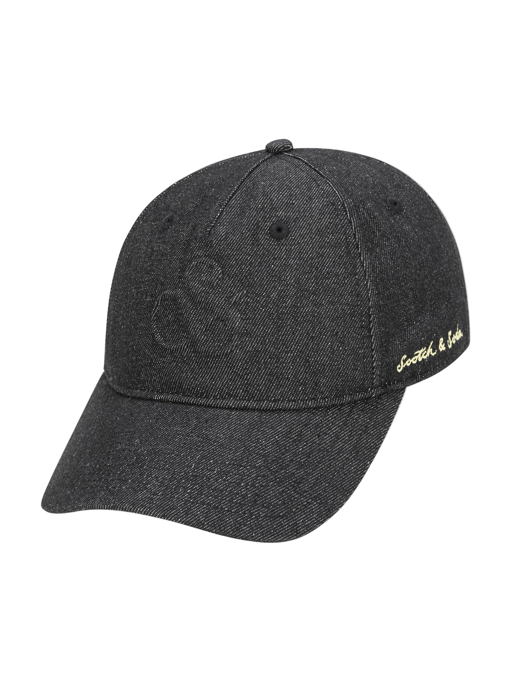 Black cap with gold text on a white background