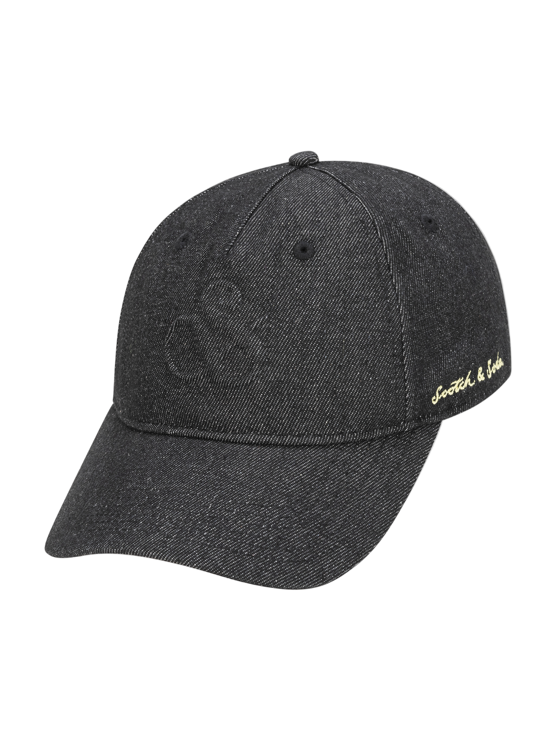 Black cap with gold text on a white background