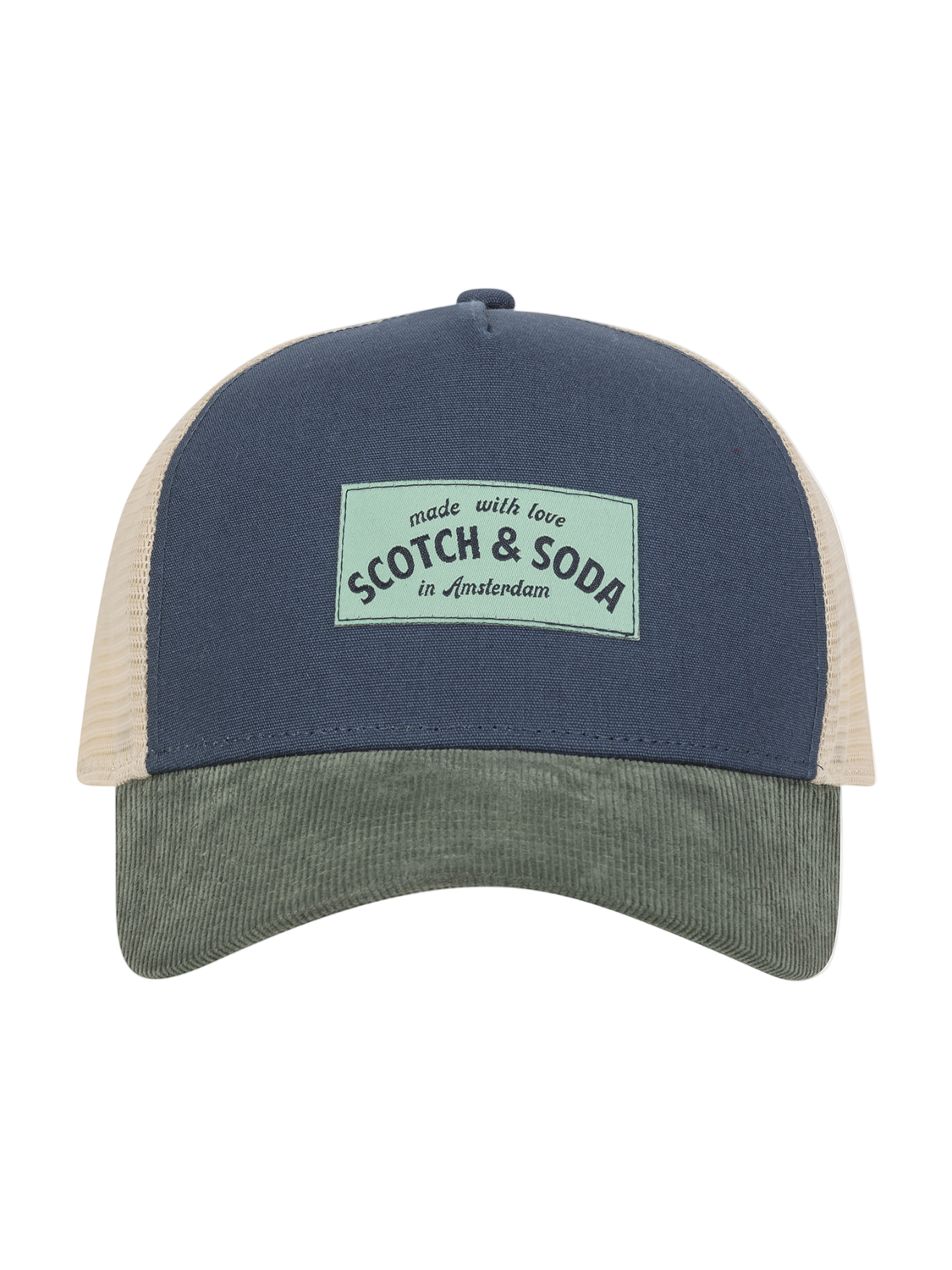 Two-tone cap with mesh back and brand logo on a white background