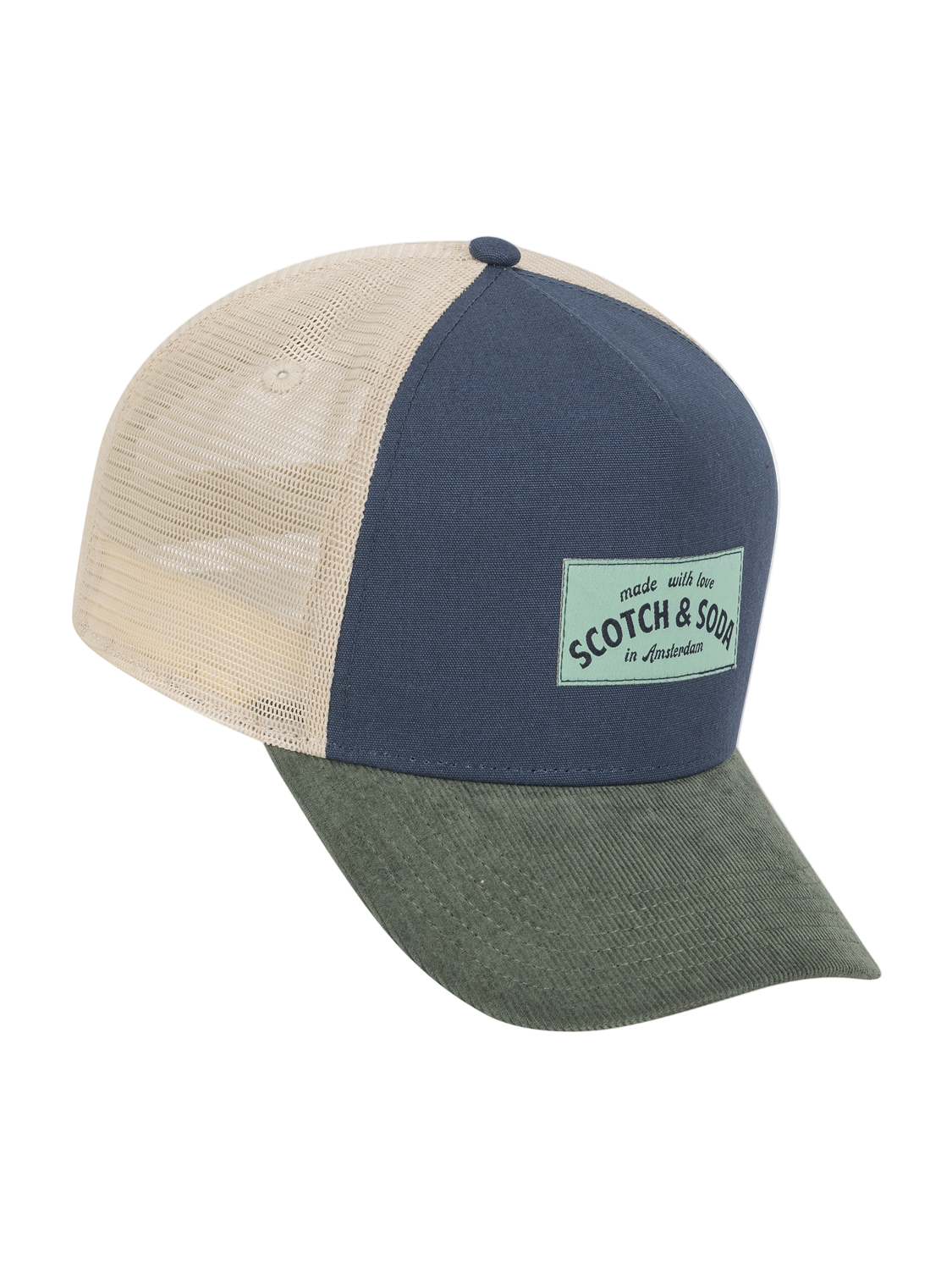 Three-tone cap with mesh back and brand label on a white background