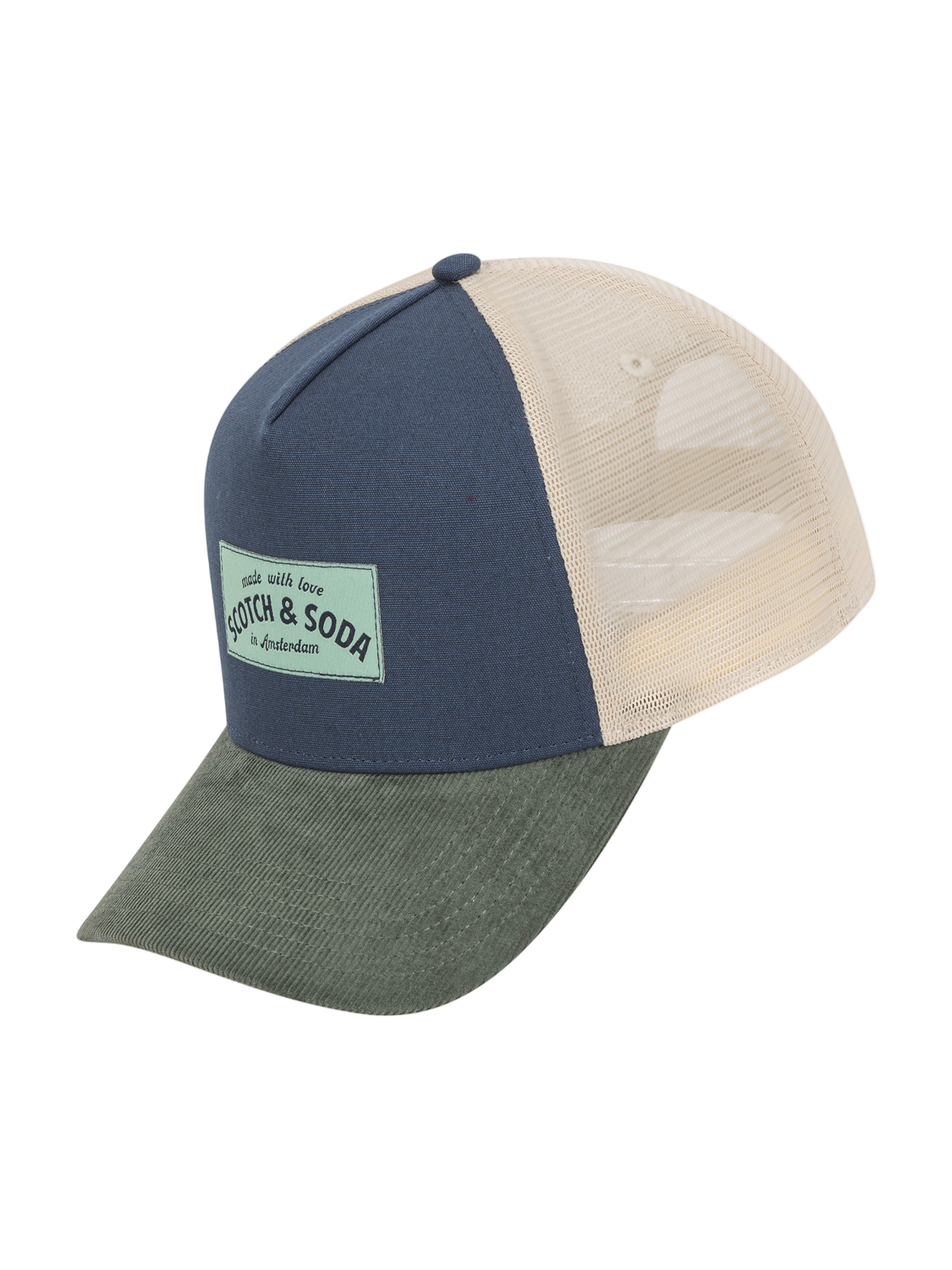 Three-tone baseball cap with a patch on a white background