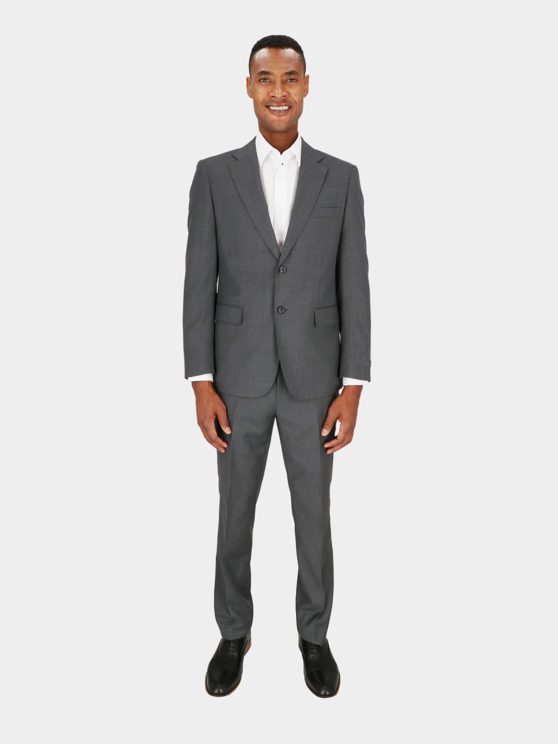 Man wearing a gray suit on a white background
