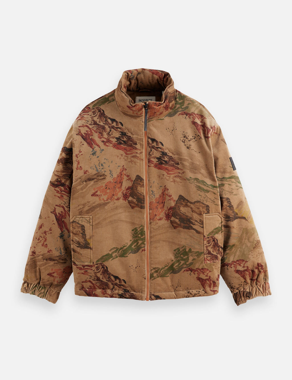 Mountain print corduroy puffer