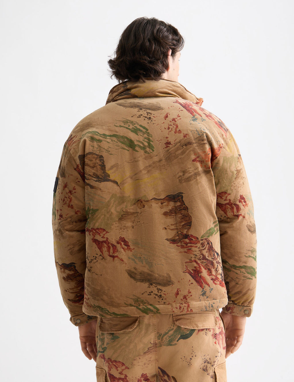 Mountain print corduroy puffer