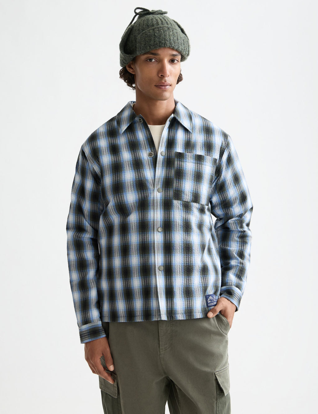 Seersucker check padded overshirt