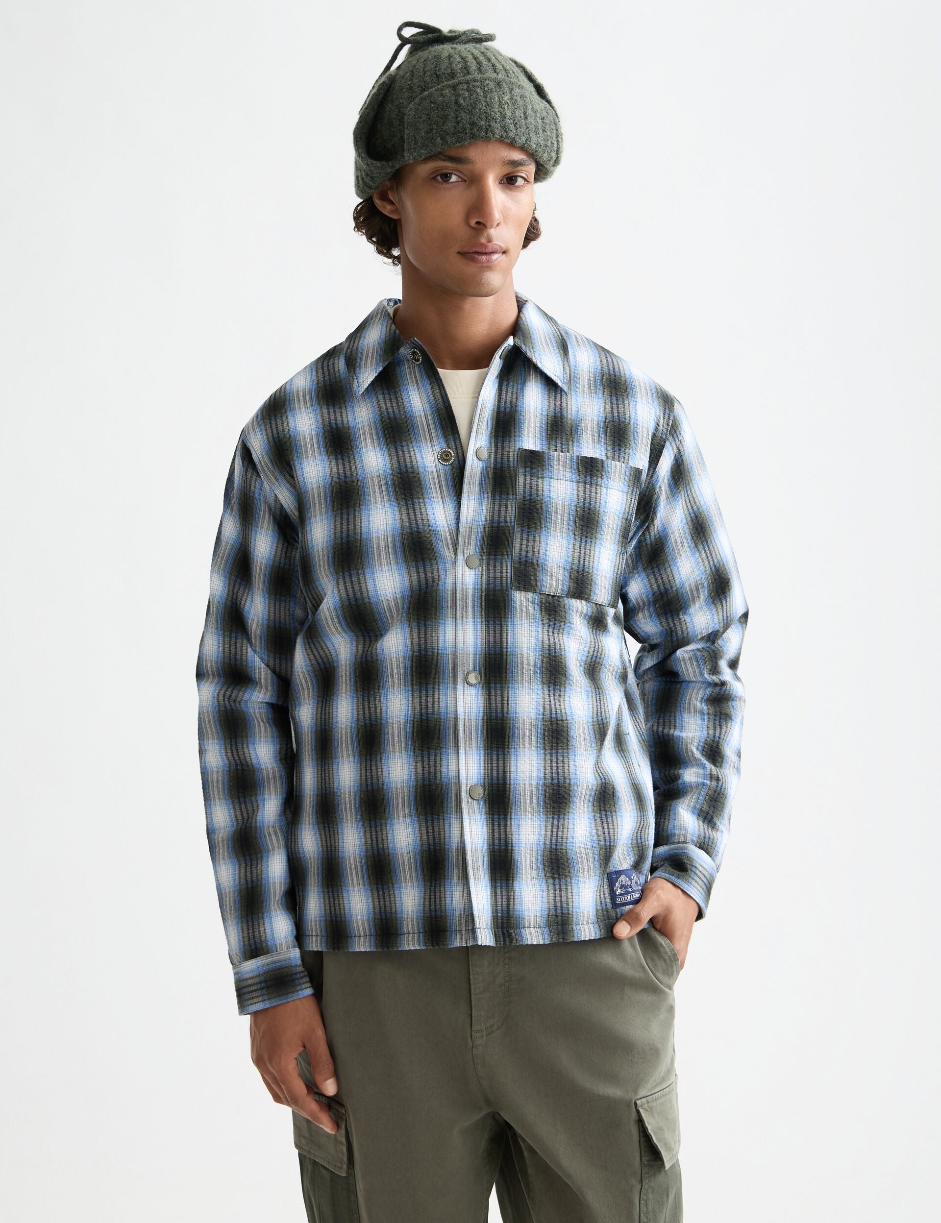Seersucker check padded overshirt